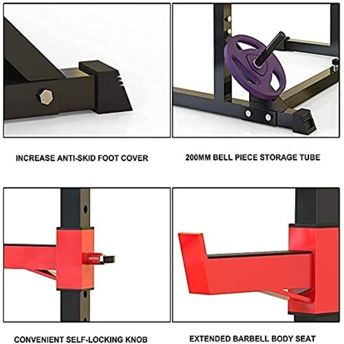 Illustraties van kenmerken van het squatrek: antislipvoetafdekking, opbergbuis voor halter, zelfvergrendelende knop en verlengde zitting van het squatrek.