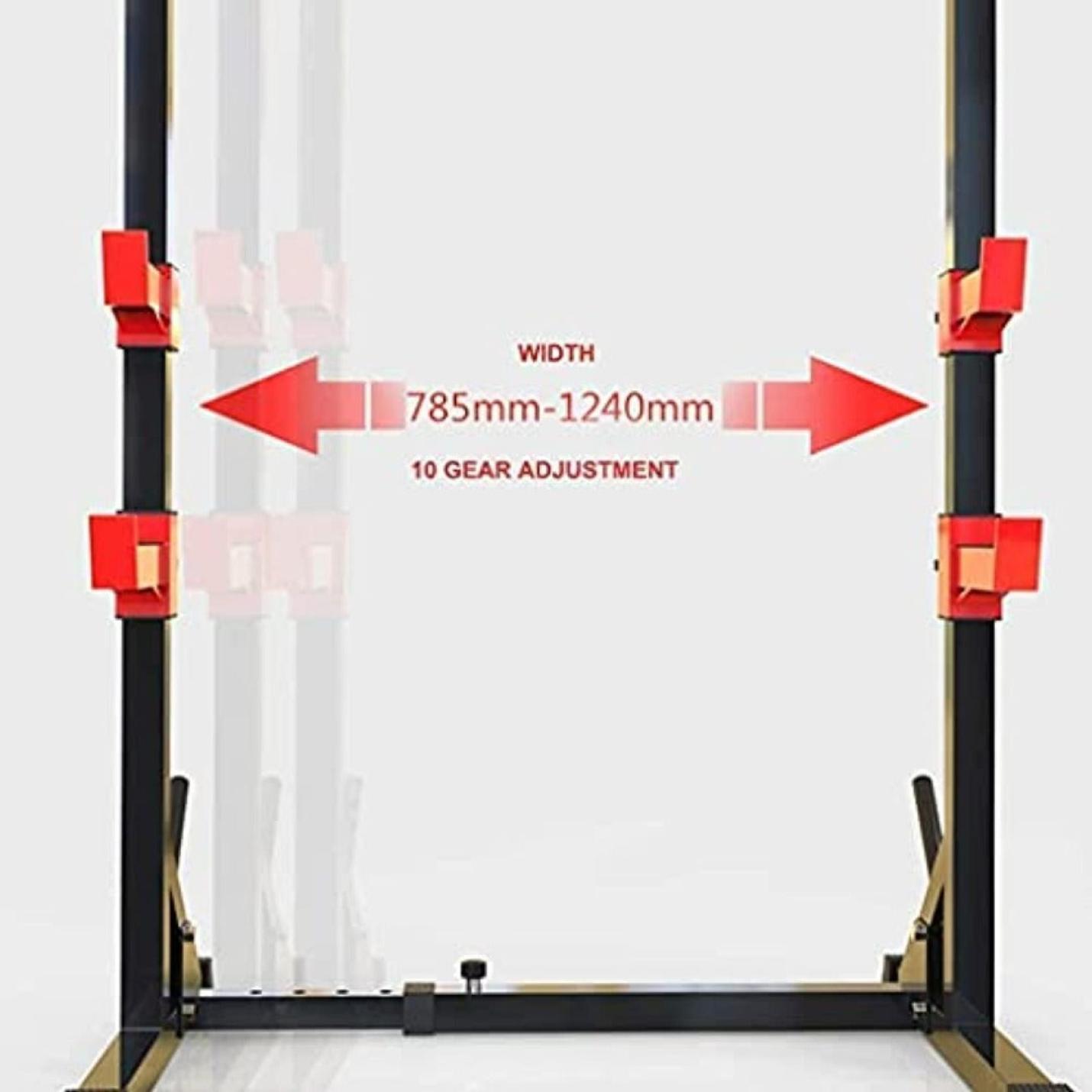 Verstelbare optrekstang met rode montagebeugels en een breedtebereik van 785 mm tot 1240 mm, met een verstelsysteem met 10 versnellingen voor diverse Squat-rekken: de perfecte manier om kracht op te bouwen.