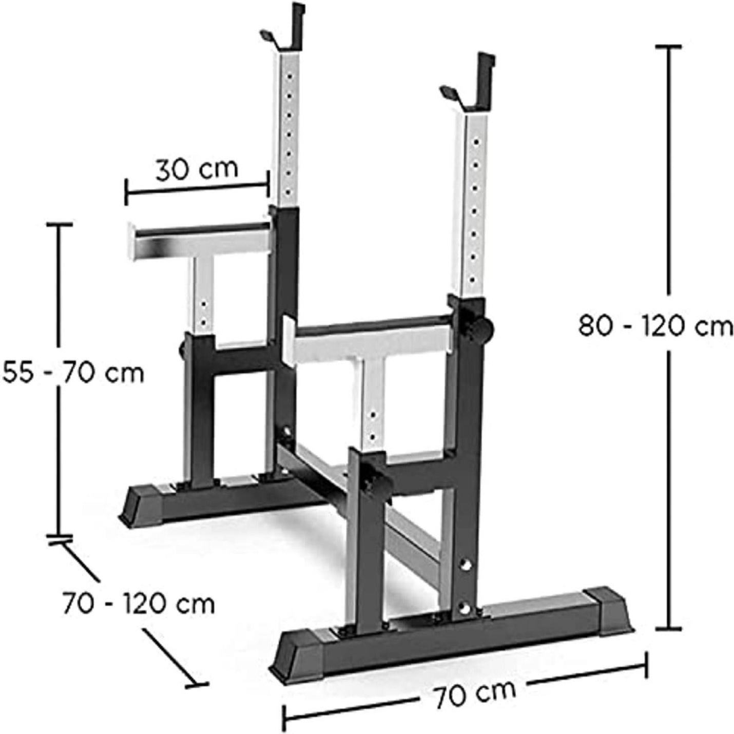 Verstelbaar Squat Rack met gelabelde afmetingen die de hoogte- en breedtematen in centimeters weergeven, perfect voor bankdrukken en andere oefeningen.

Productnaam: Versterk je lichaam en geest met de ultieme thuisgym: Squat rack, halterrek en Bench Press in één!