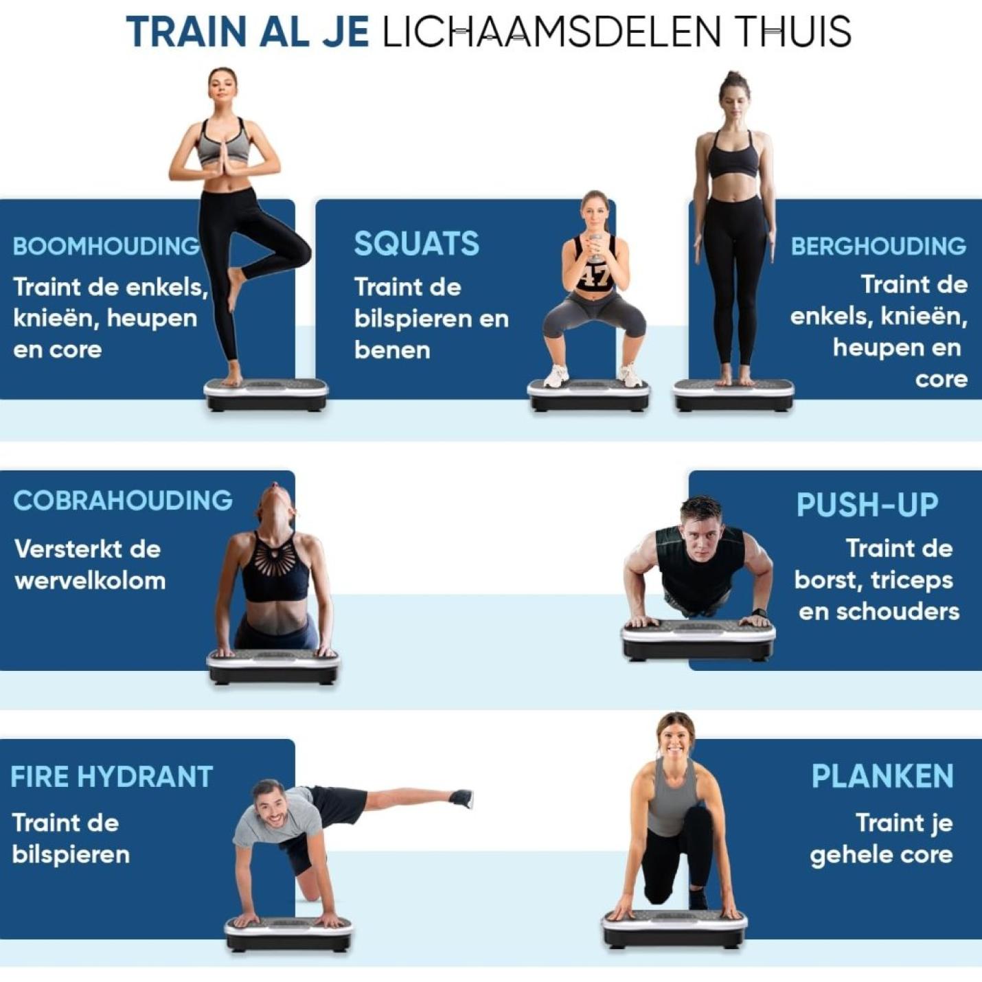 Fitness Trilplaat - Vergroot de spierkracht en vermindert buikvet - Thuis trainen met inbegrepen weerstandsbanden en afstandsbediening - Vibration plate met 5 programma's en 99 intensiteitsniveaus - happygetfit.com