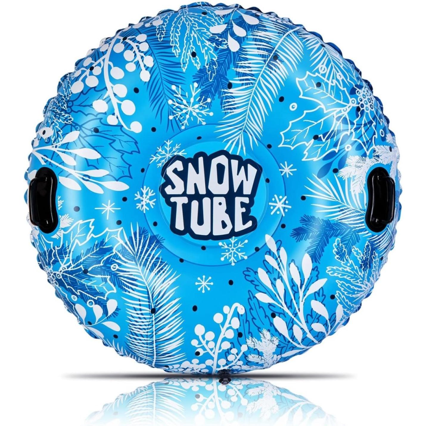 Blauw en wit Gaan voor de rit van je leven met deze opblaasbare hoes met tropisch patroon en "snow tube" tekst in het midden, geflankeerd door twee zwarte handvatten.