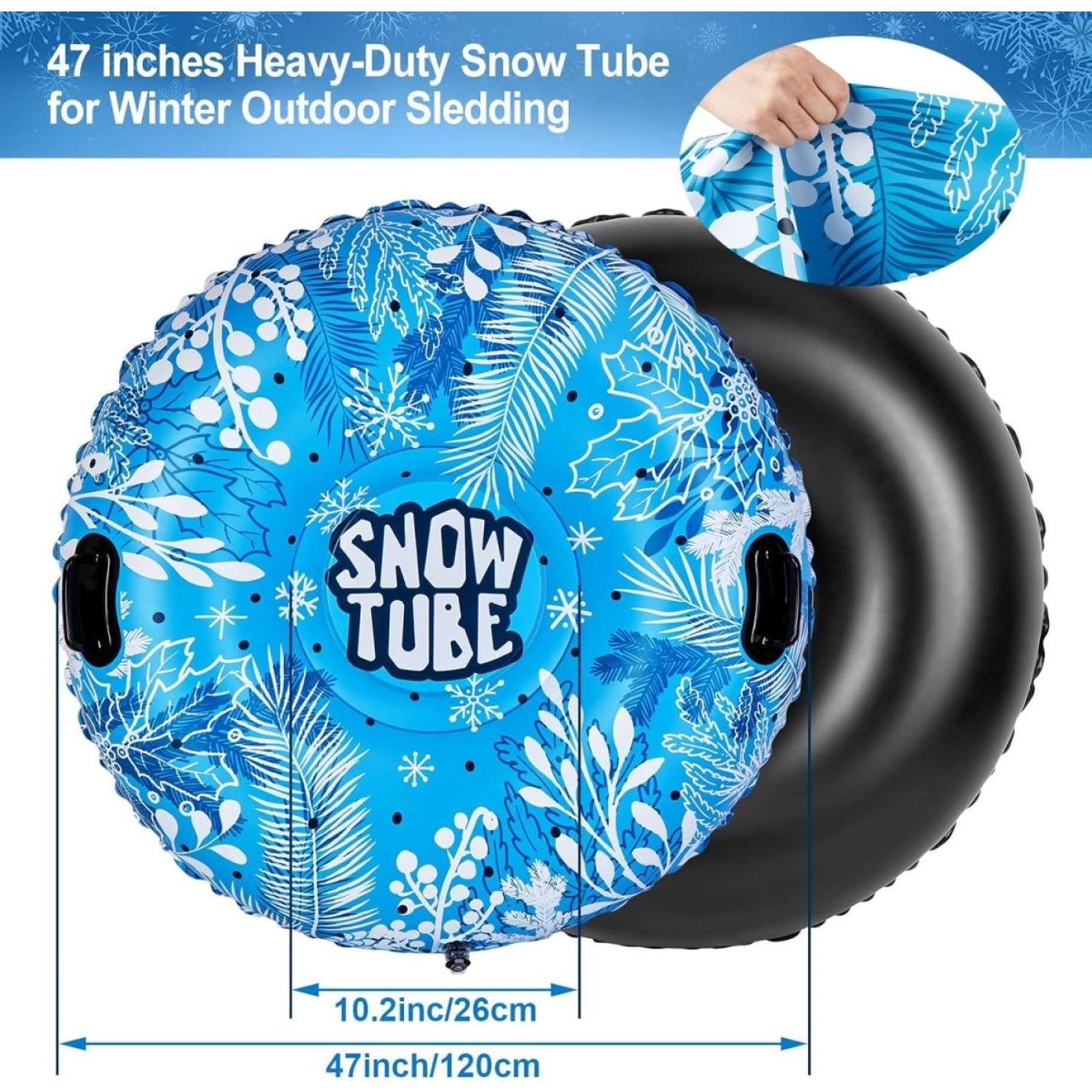 Afbeelding van een duurzame, robuuste 47-inch blauw-zwarte Gaan voor de rit van je leven met deze opblaasbare slaapzak met afbeeldingen in winterthema en twee zwarte handvatten, met gespecificeerde afmetingen.