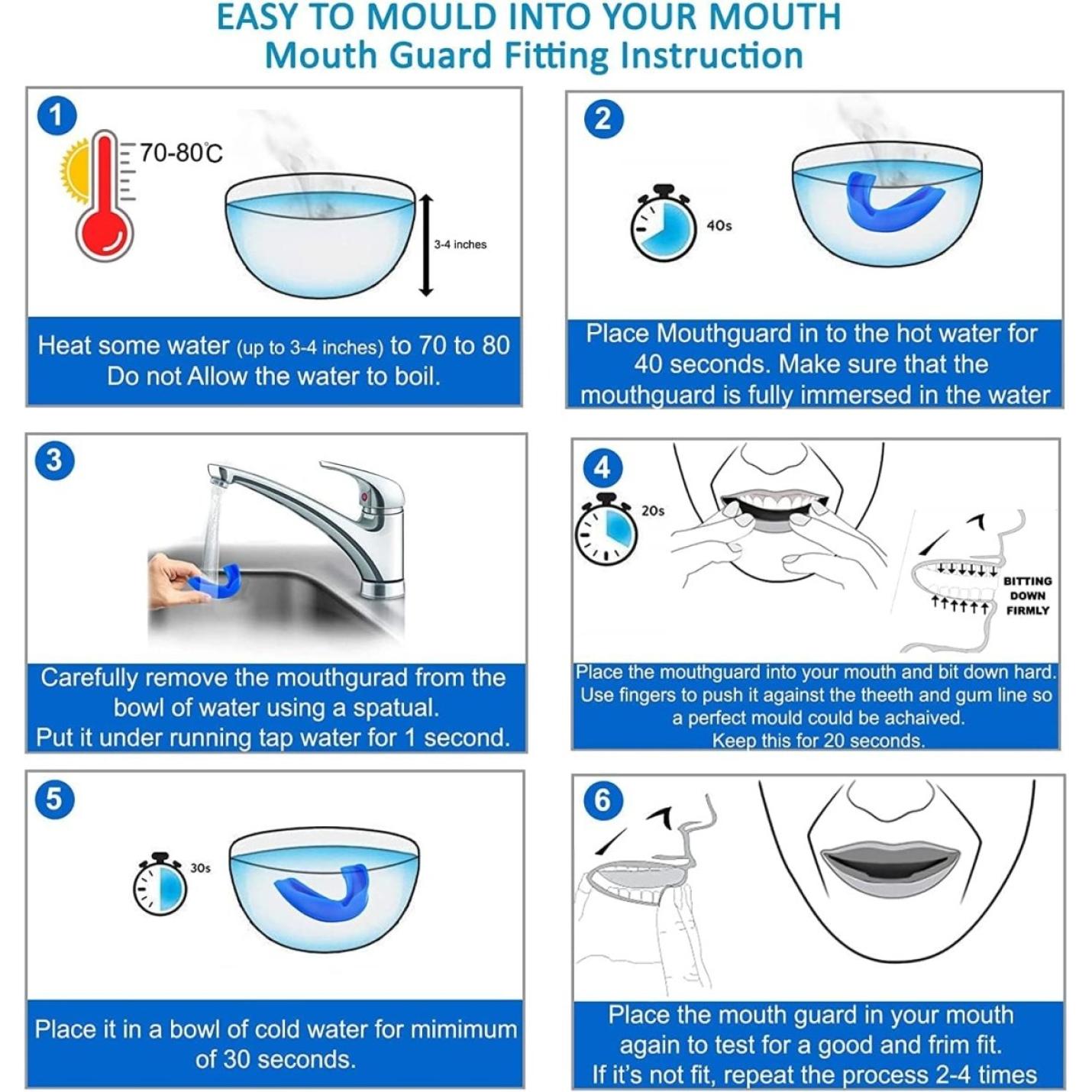 Instructies voor het aanmeten van een Ontdek de perfecte pasvorm: Gebitsbeschermer voor actieve jonge atleten: verwarmen in water, afkoelen onder de kraan, in de mond plaatsen, bijten en testen of de pasvorm goed zit.