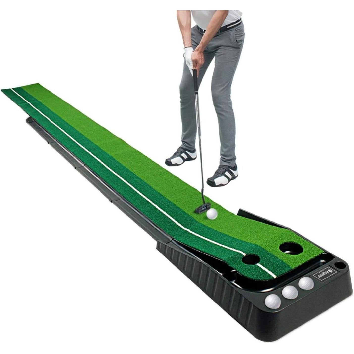 Golf Putting Trainer (3 ballen gratis), tweekleurige grasgolfmat met baldikker retourbaan en automatische functie Oefen binnen en buiten voor beginners en amateur - happygetfit.com