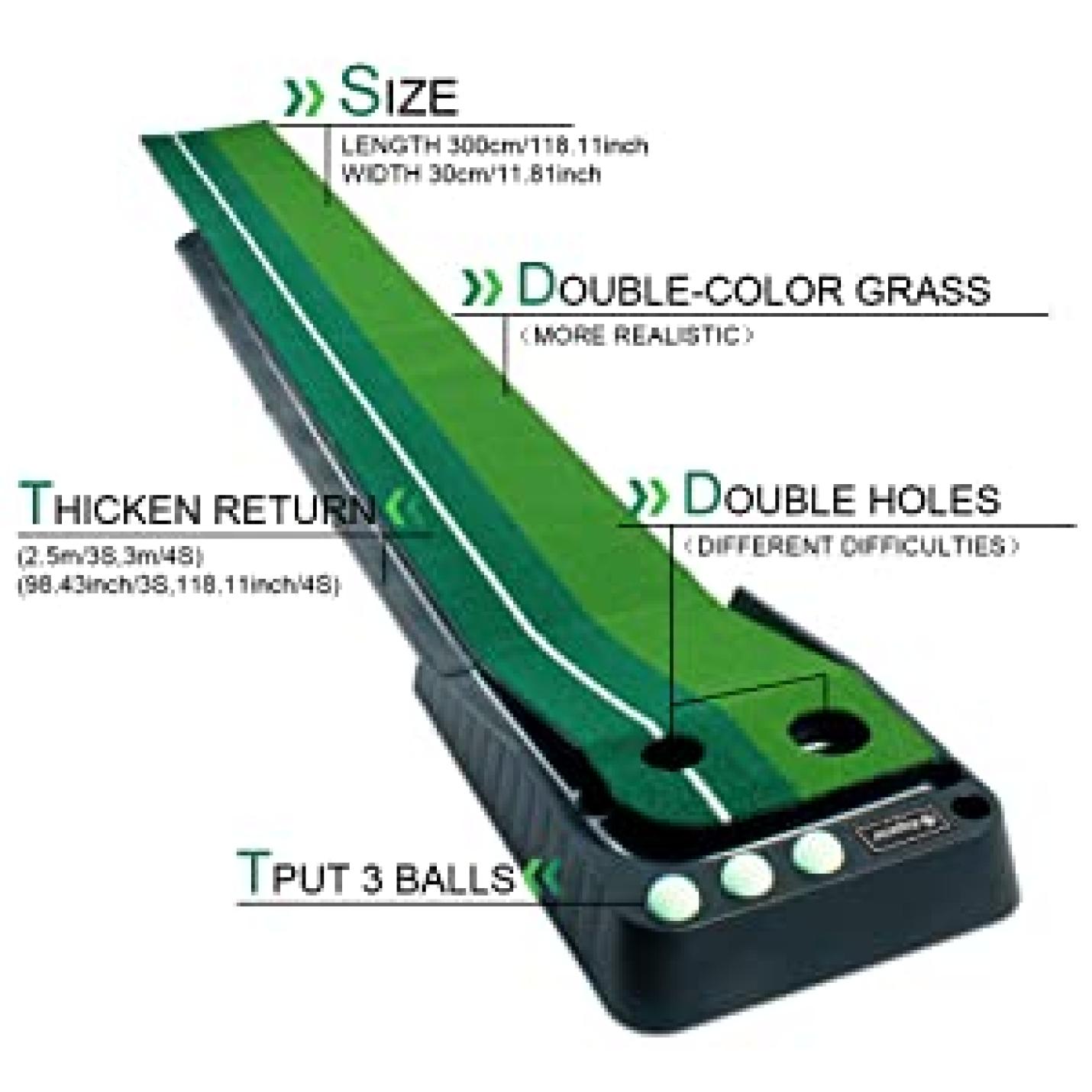 Golf Putting Trainer (3 ballen gratis), tweekleurige grasgolfmat met baldikker retourbaan en automatische functie Oefen binnen en buiten voor beginners en amateur - happygetfit.com