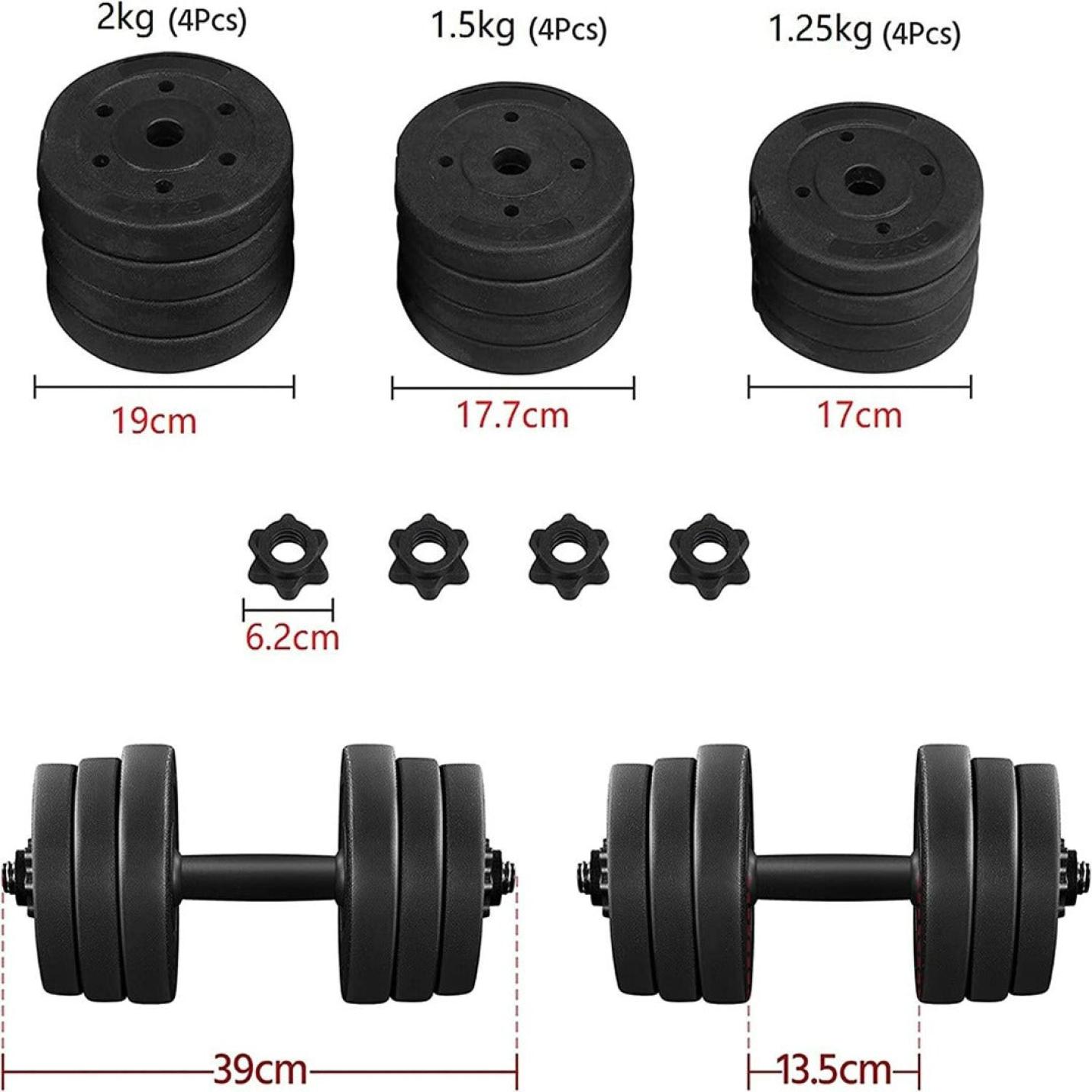 Verstelbare halterset van 20 kg voor krachttraining thuis met diverse halterschijven en maten weergegeven, inclusief borgmoeren en afmetingen.