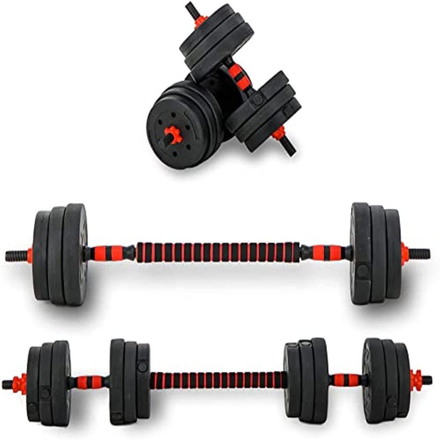 Verstelbare dumbells: de complete set voor thuistraining en barbell set met zwarte schijven en rood-zwarte handvatten, gebouwd op een witte achtergrond.