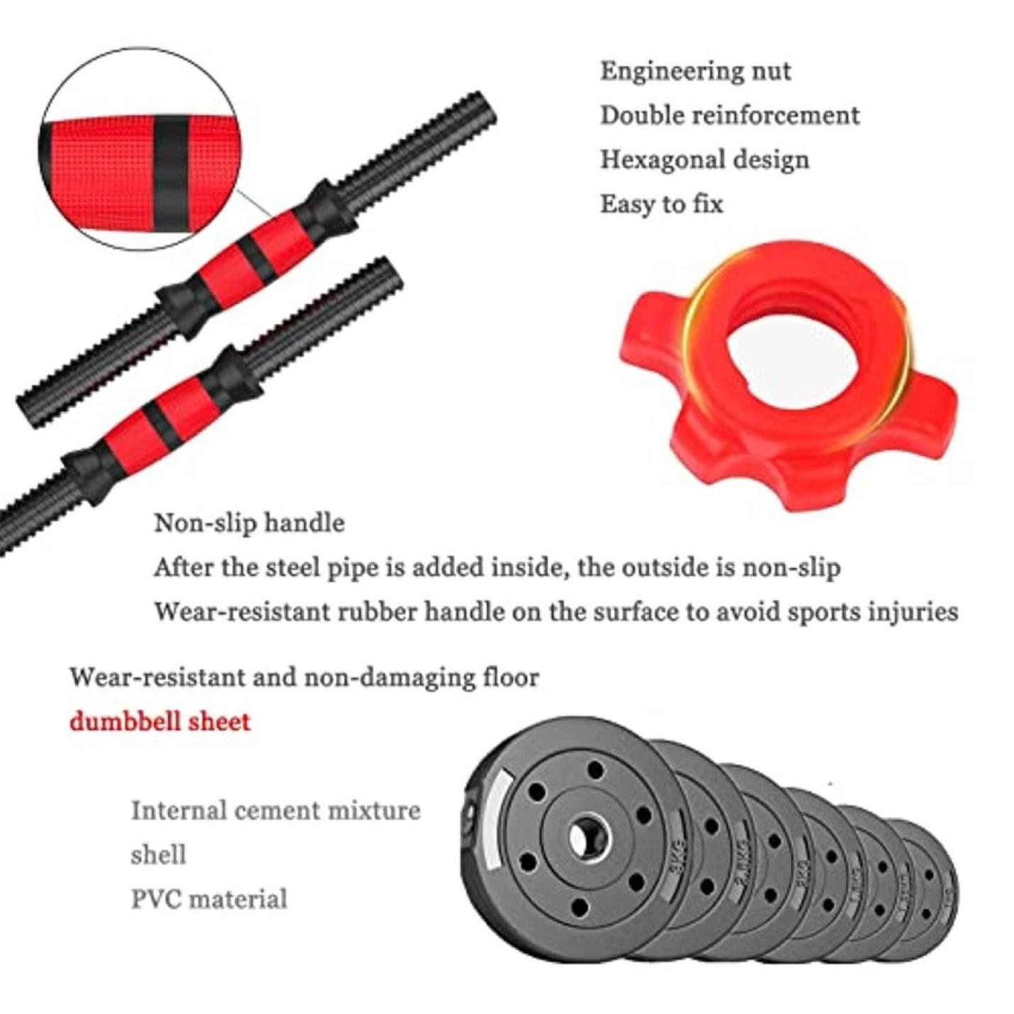 Illustratie met onderdelen van Verstelbare dumbells: de complete set voor thuistraining, inclusief antisliphandvatten, technische moeren en halterschijven, met aantekeningen over kenmerken en materialen voor krachttraining.