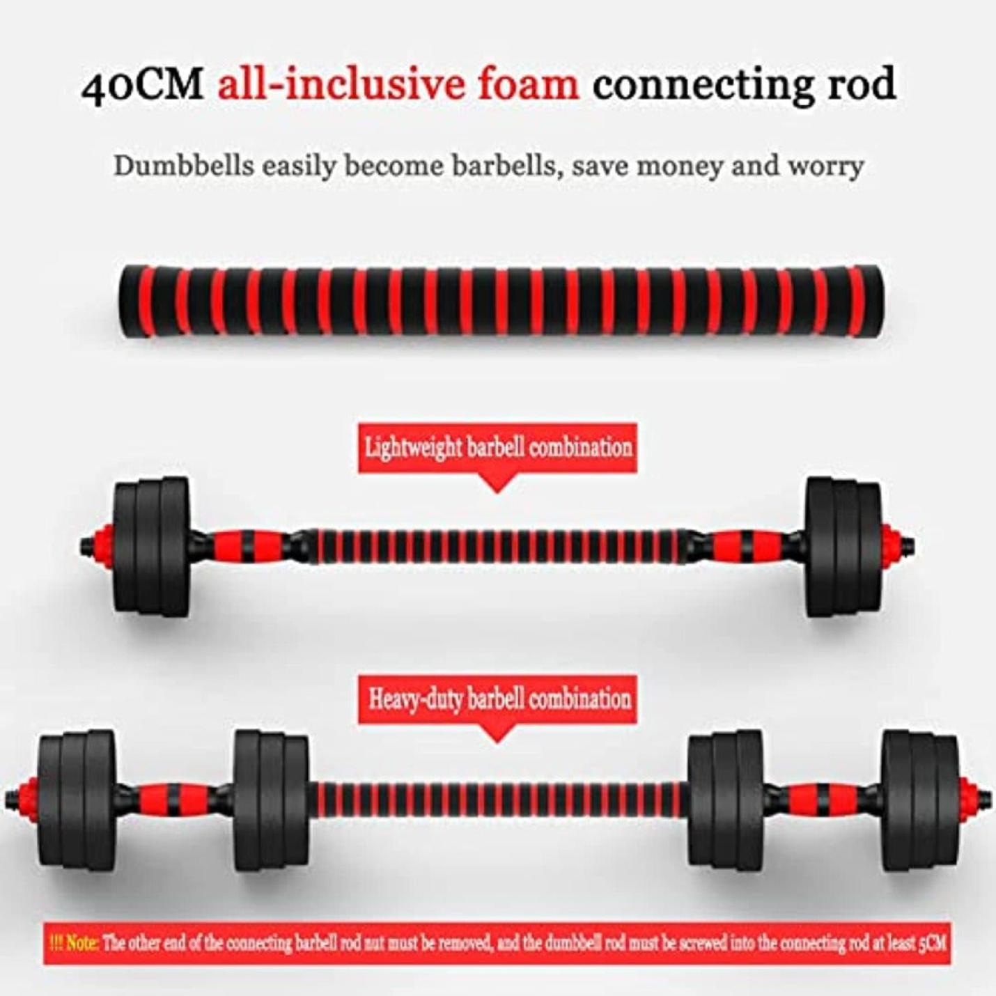 Diagram dat laat zien hoe Verstelbare dumbells: de complete set voor thuistraining kan worden omgebouwd tot een halter met behulp van een 40 cm all-inclusive schuimrubberen drijfstang, die zowel lichtgewicht als heavy-duty configuraties voor krachttraining demonstreert.