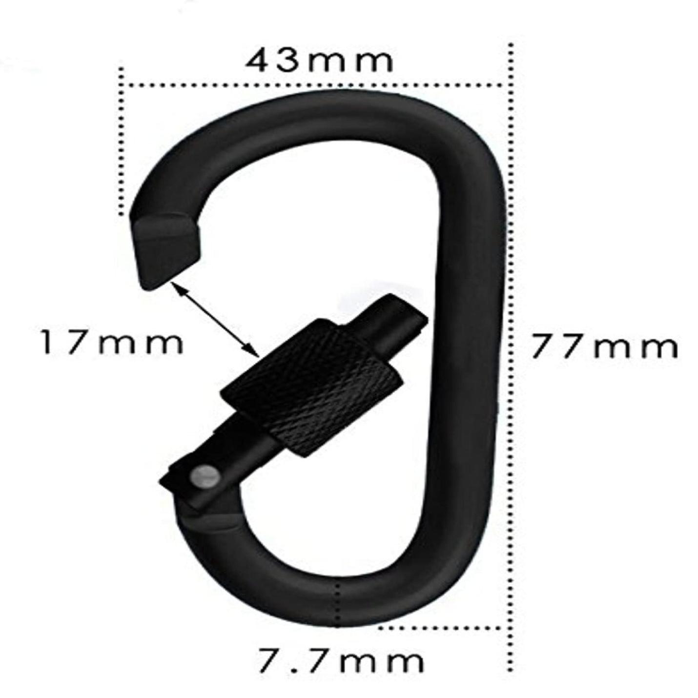 Veiligheid en veelzijdigheid onderweg: Ontdek onze hoogwaardige aluminium karabijnhaak met schroefslotmechanisme, met afmetingen: 43 mm breedte, 77 mm hoogte en 7,7 mm dikte.