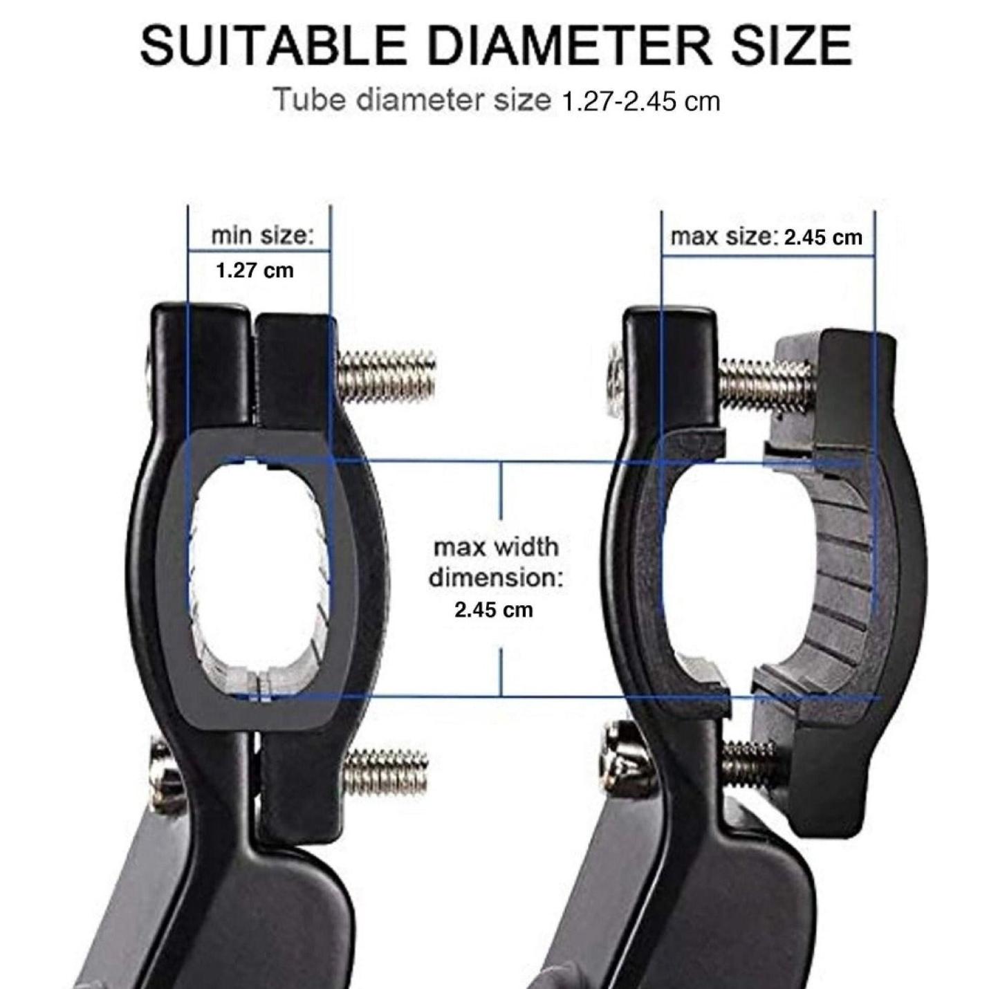 Close-up van een zwarte verstelbare Happygetfit MTB-standaard met gelabelde afmetingen, met de minimale en maximale diametermaten.