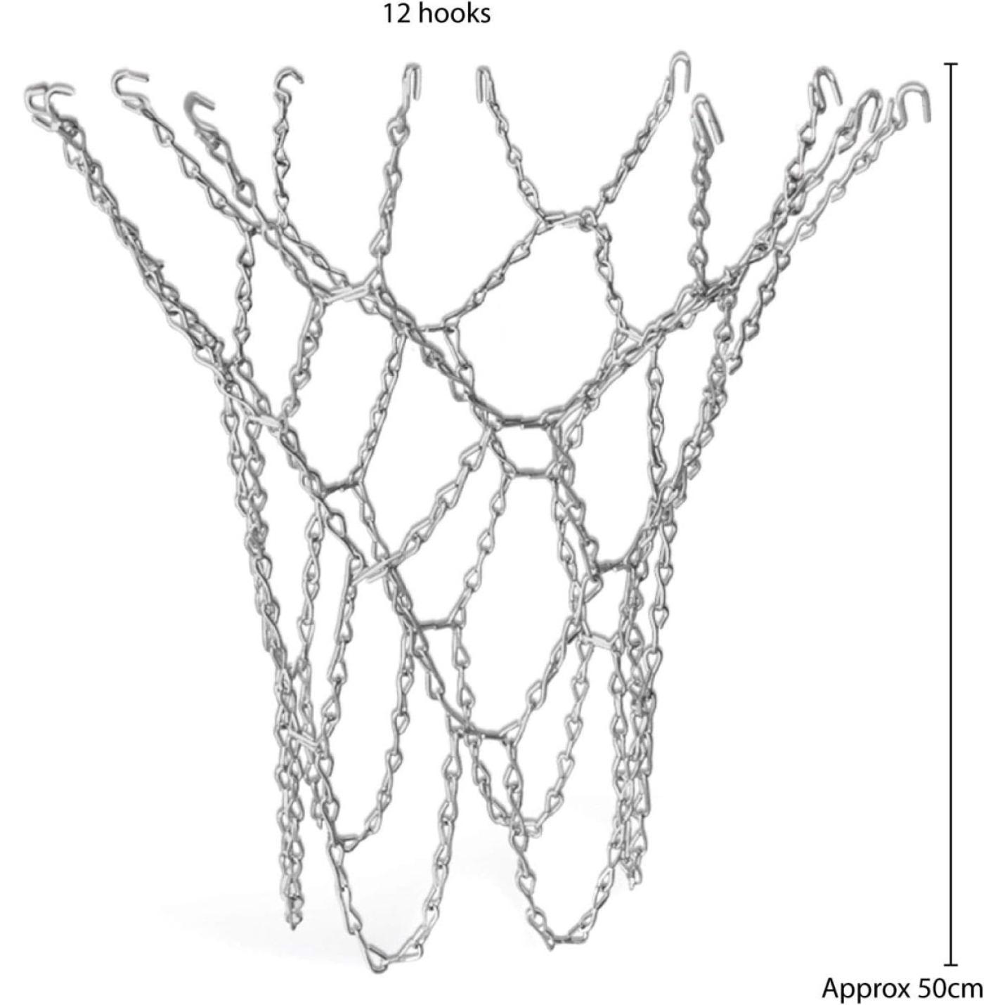 Een metalen kettingschakelmand met 12 haken en een hoogte van ongeveer 50 cm, ontworpen als een Verrijk je spel met ons duurzaam basketbalnet voor een perfecte dunk!.