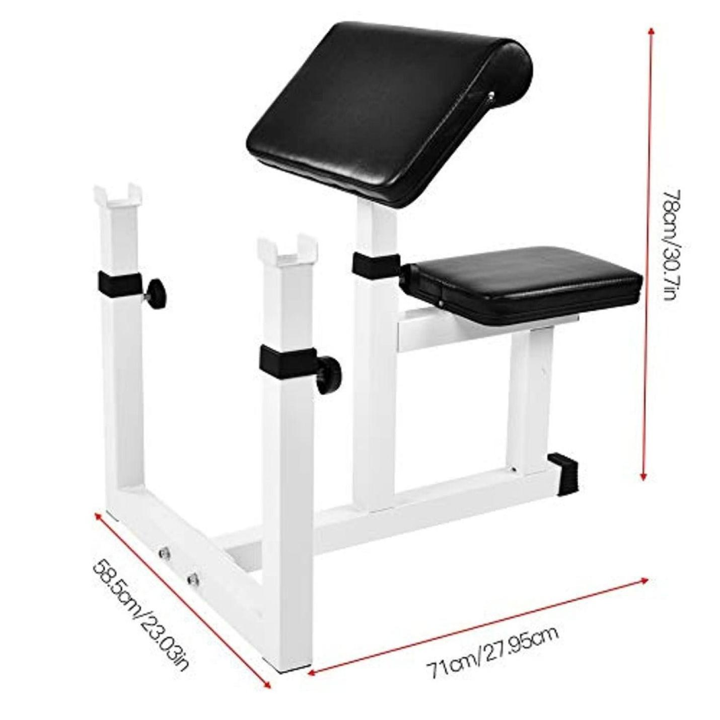 Een zwart-witte Fitnessbank voor armoefeningen: Voor krachtige en gespierde armen met een verstelbaar kussen, afmetingen aangegeven in centimeters.