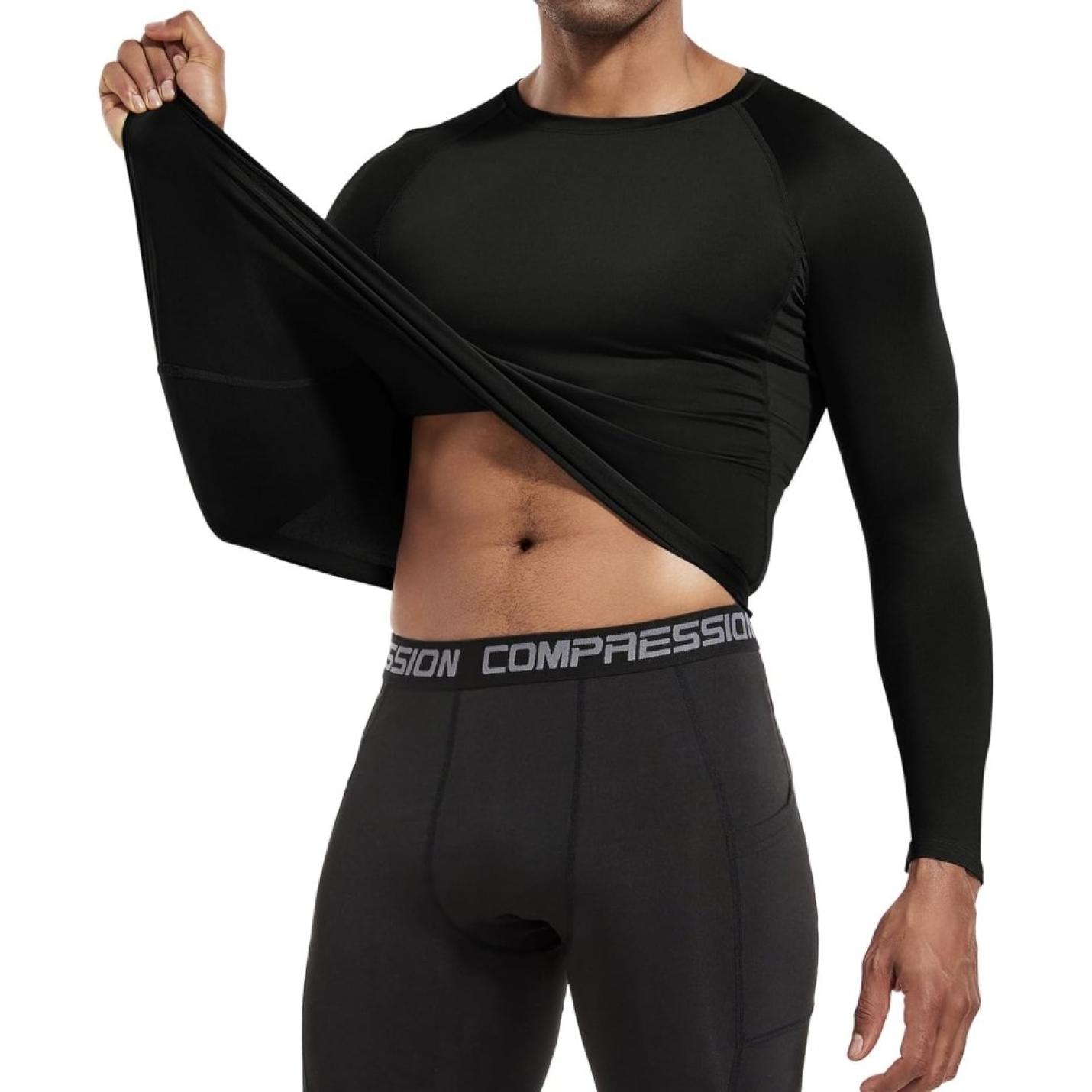 Heren 2 Pack Basislagen Tops, Lange Mouw Gym Running Top Workout Shirts Voor Mannen Longsleeve, Zwart/Grijs, L - happygetfit.com