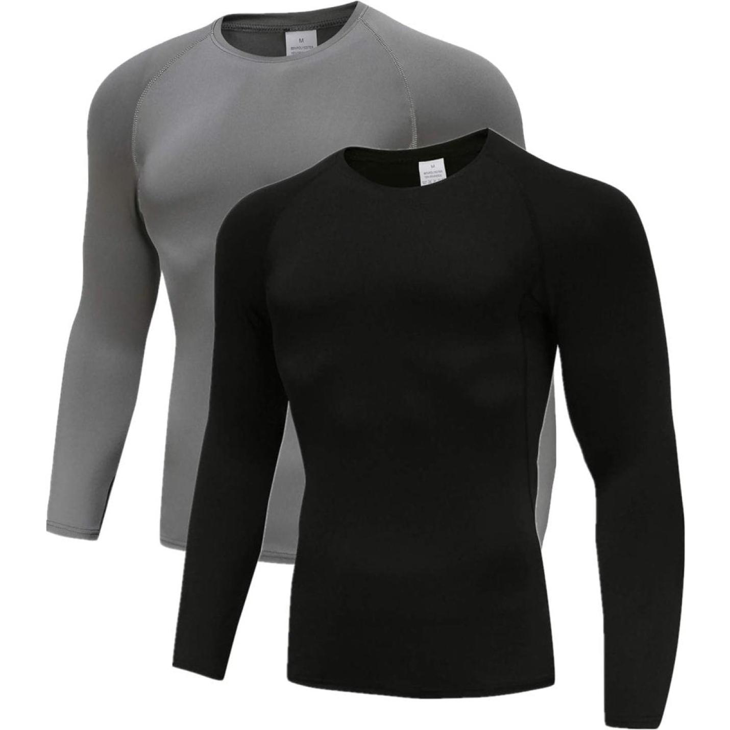 Heren 2 Pack Basislagen Tops, Lange Mouw Gym Running Top Workout Shirts Voor Mannen Longsleeve, Zwart/Grijs, L - happygetfit.com