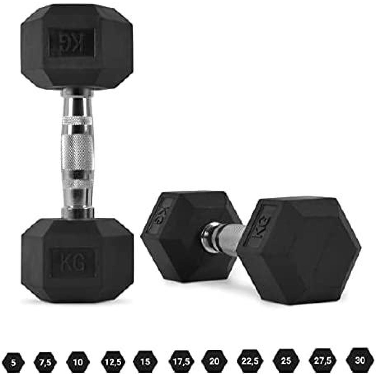 Een set zwarte Hexagon dumbbells in verschillende gewichten gerangschikt in oplopende volgorde, weergegeven op een witte achtergrond, ideaal voor krachttraining.