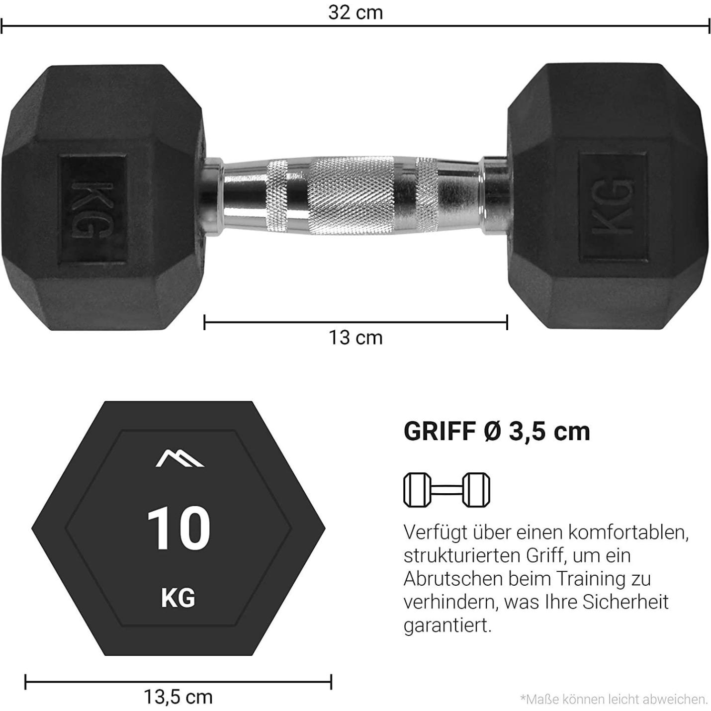 Zwarte zeshoekige dumbbells met getextureerde grip en gewichtslabel "10 kg" weergegeven, ontworpen voor krachttraining, met geannoteerde afmetingen.