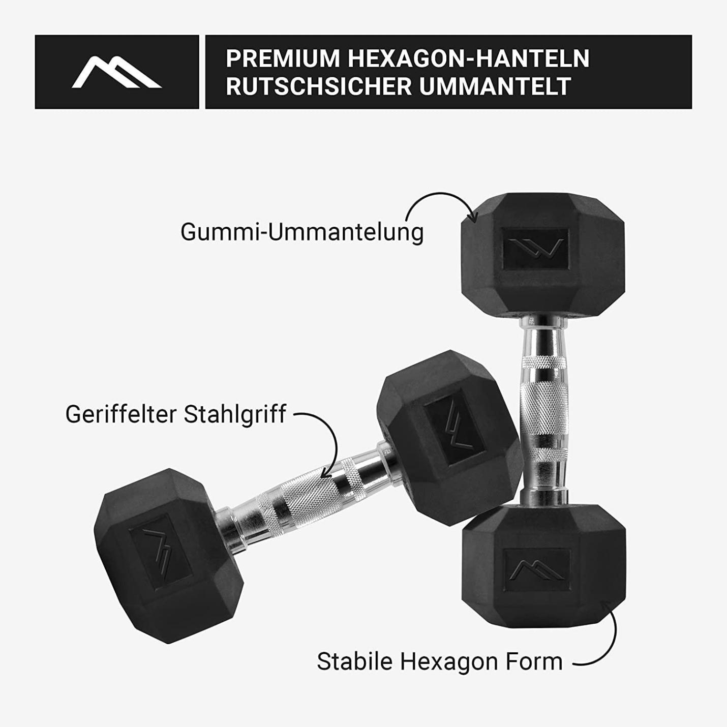 Hexagon dumbbells ontworpen voor krachttraining met een stalen getextureerde handgreep, rubberen coating en stabiele zeshoekige vorm, gelabeld met de kenmerken ervan in het Duits.