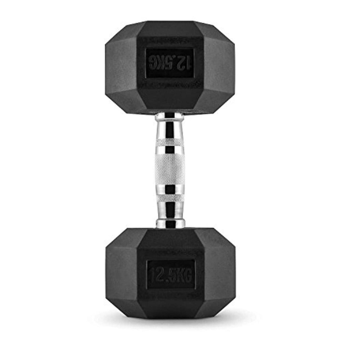 Een zwarte zeshoekige dumbbell van 12,5 kg met metalen grip uit de Ontdek de ultieme zeshoekige dumbbells set - Bereik je fitnessdoelen in stijl!