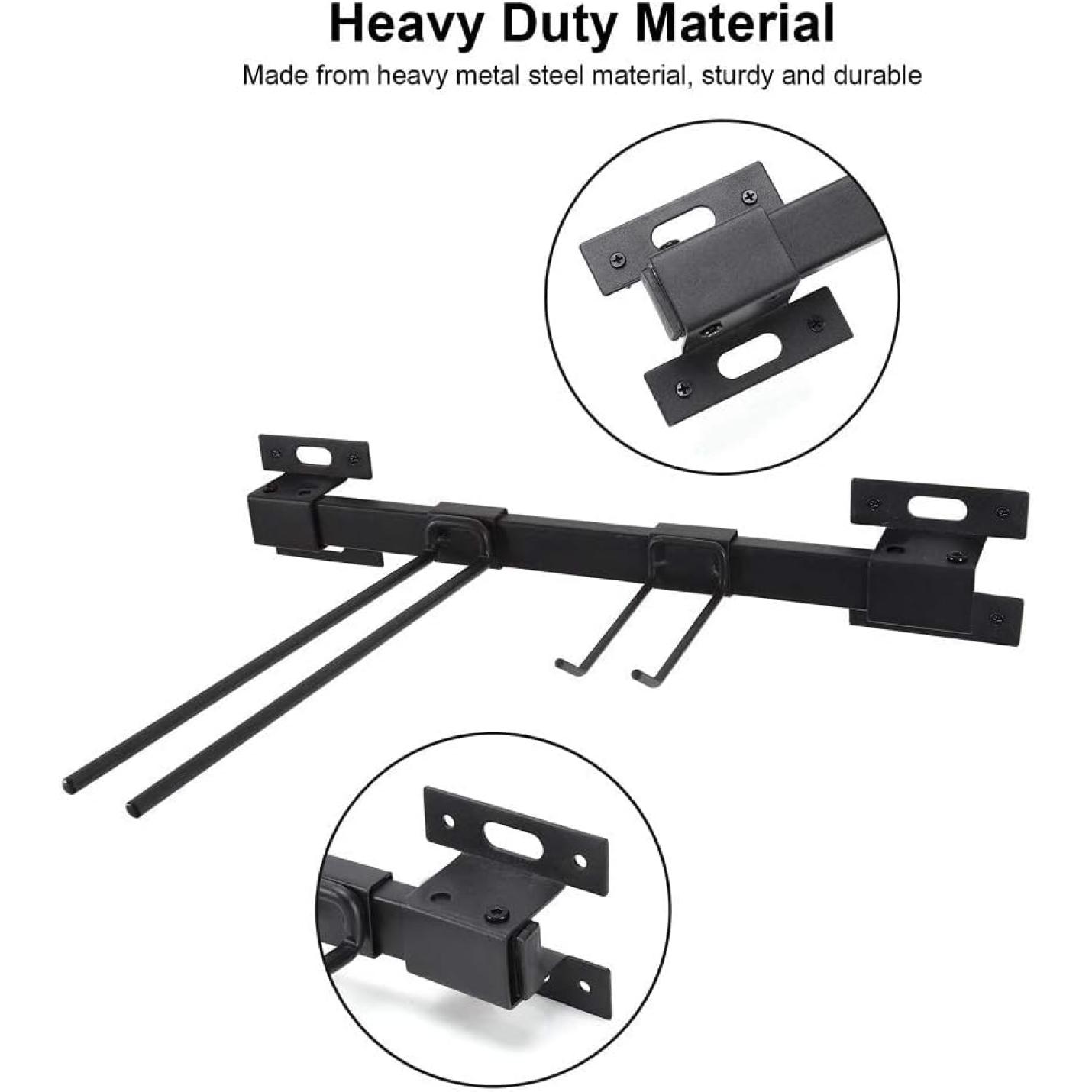 Robuuste metalen beugel met dubbele tanden voor montagestabiliteit en duurzame zwarte poedercoating, perfect voor Houd je ski's en snowboards veilig en georganiseerd met deze ski- en snowboardhouder opbergen.