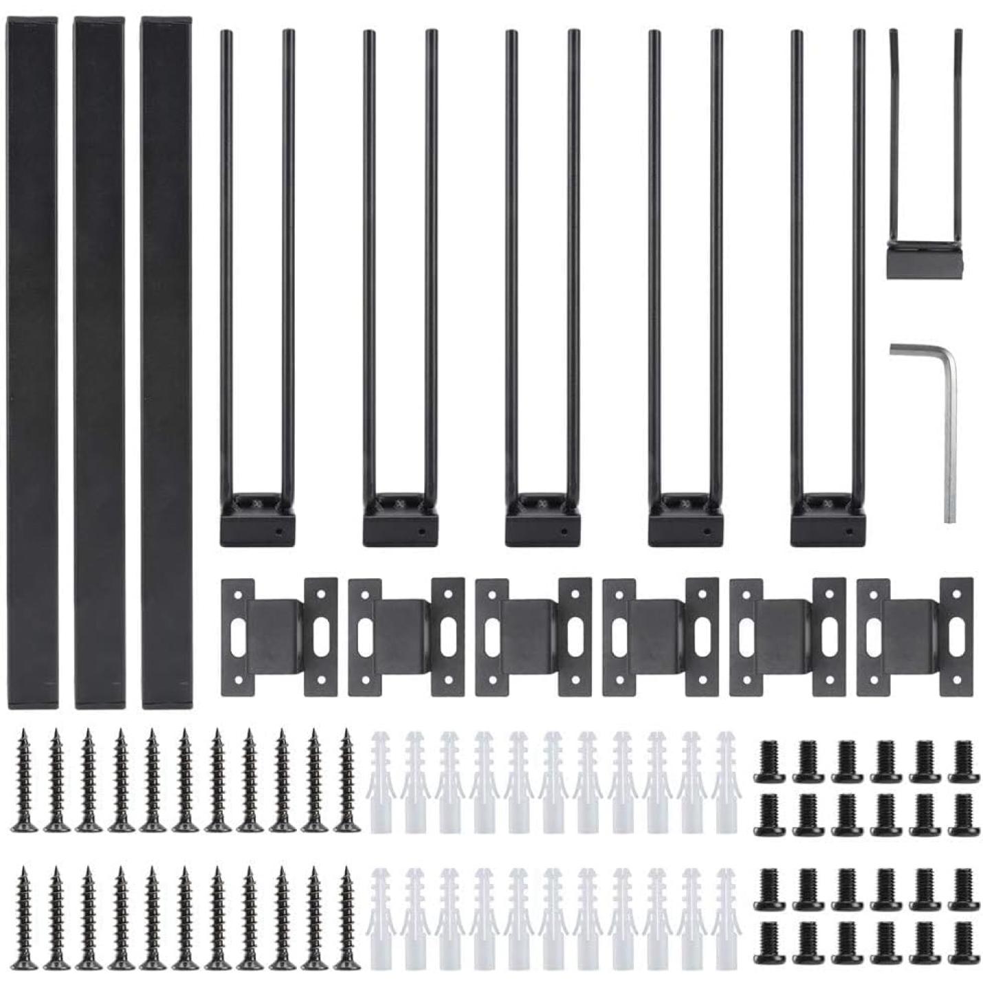 Assortiment ski- en snowboardhouders, schroeven en gereedschap met duurzame zwarte poedercoating voor opslag en organisatie.