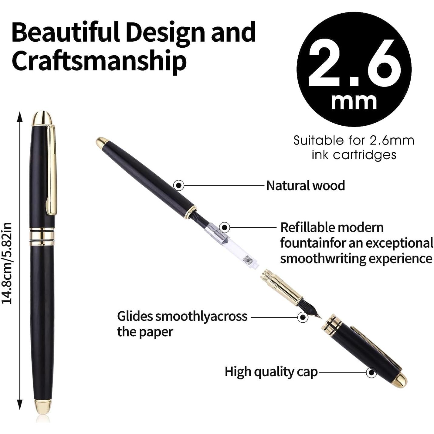 Illustratie die de kenmerken van een houten vulpen benadrukt: Ervaar de warmte van ambachtelijk schrijven, inclusief het prachtige ontwerp, de compatibiliteit met inktcartridges van 2,6 mm en een modern navulbaar mechanisme voor efficiënt gebruik.