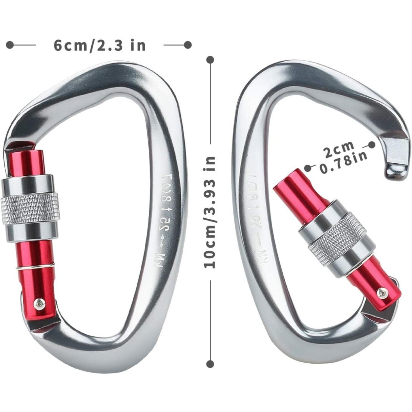 Twee karabijnhaken van aluminium met een schroefvergrendelingsmechanisme en hun afmetingen gelabeld: één is 10 cm (3,93 inch) lang en 6 cm (2,36 inch)