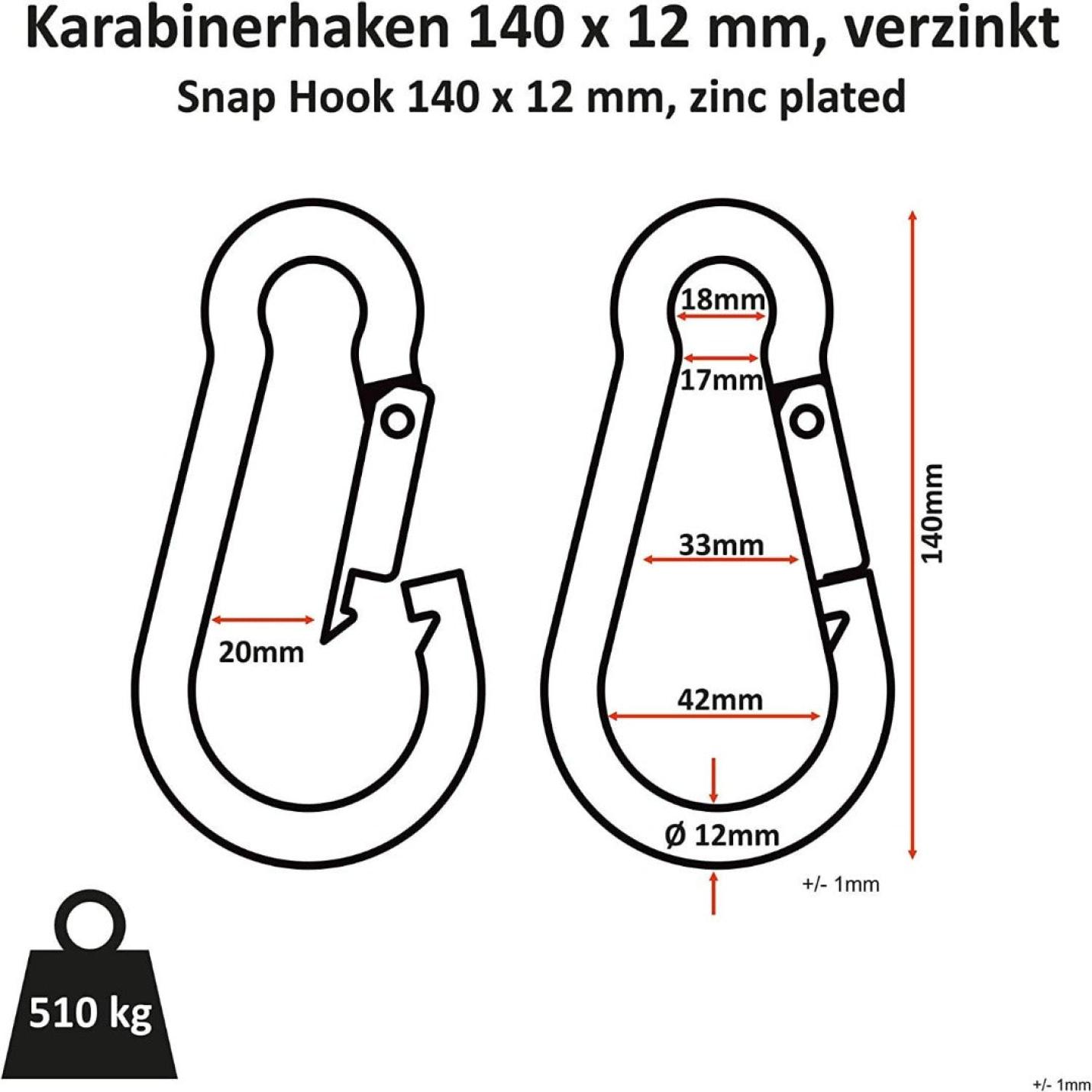 Technisch schema van een 140 x 12 mm verchroomde karabijnhaak met afmetingen en draagvermogen gelabeld, ideaal voor ophangbehoeften.