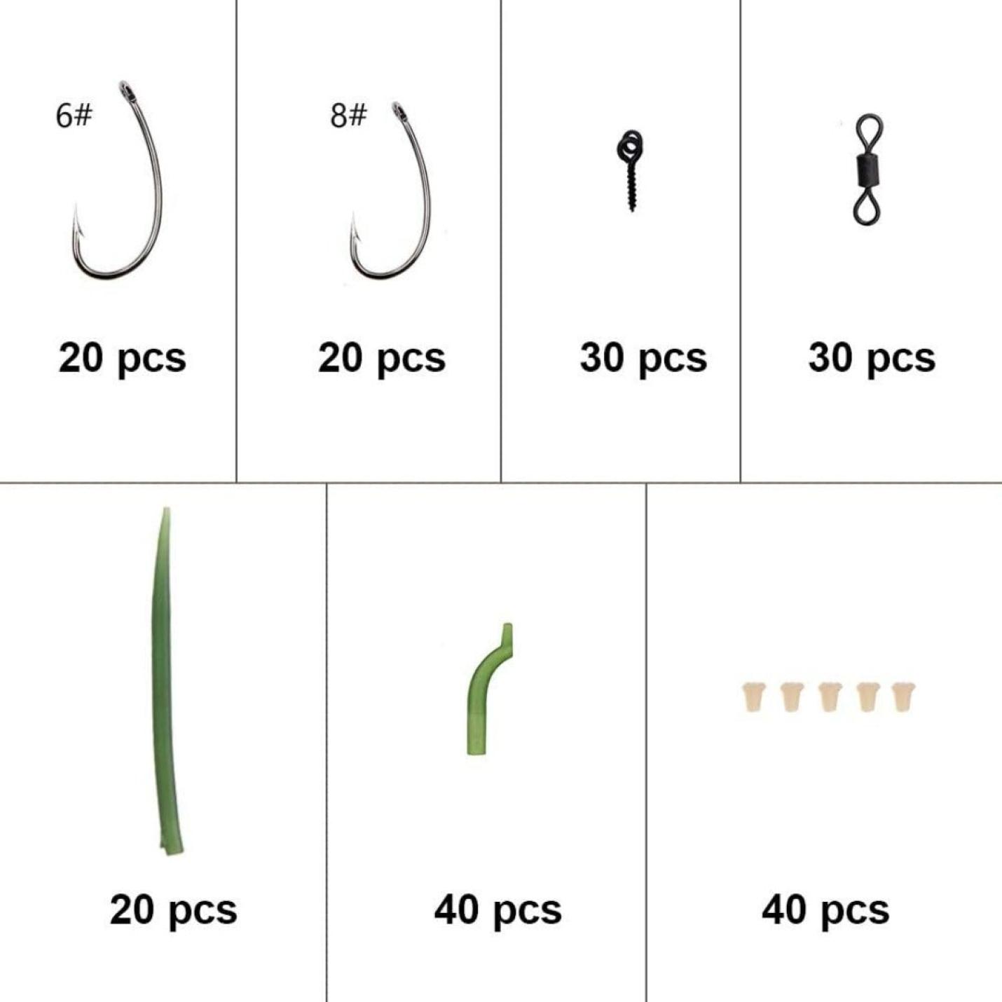 Geassorteerd visgerei met hoeveelheden: haken, een wartel, een Quick Change Tail-aas, een zacht aas en zinklood.
Productnaam: Duik in de ultieme karperaccessoireset voor een visuele viservaring!