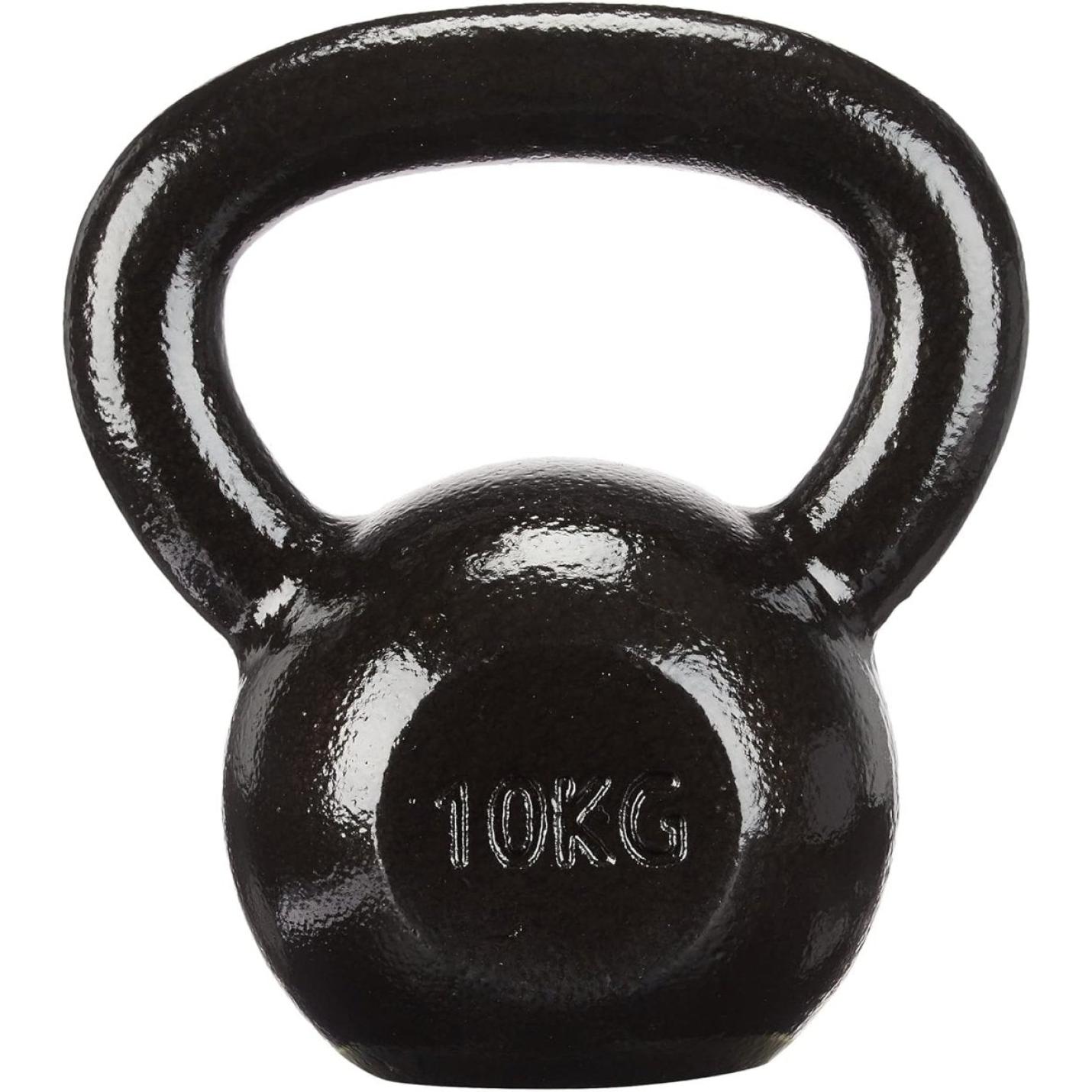 Een zwarte Kettlebell van 10 kg: de ultieme fitnesstool voor iedereen tegen een witte achtergrond.