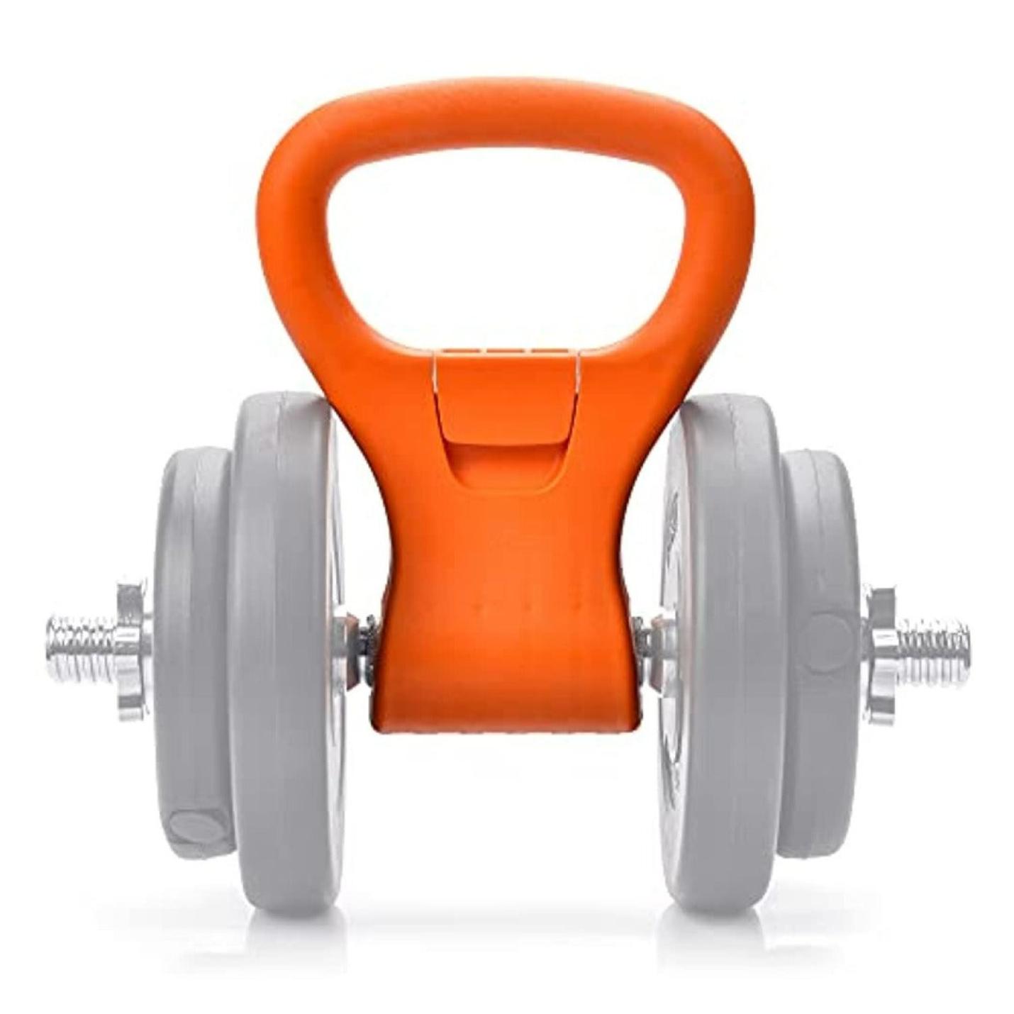 Een oranje en grijze verstelbare Kettlebell-handgreep met halterschijven, geïsoleerd op een witte achtergrond.