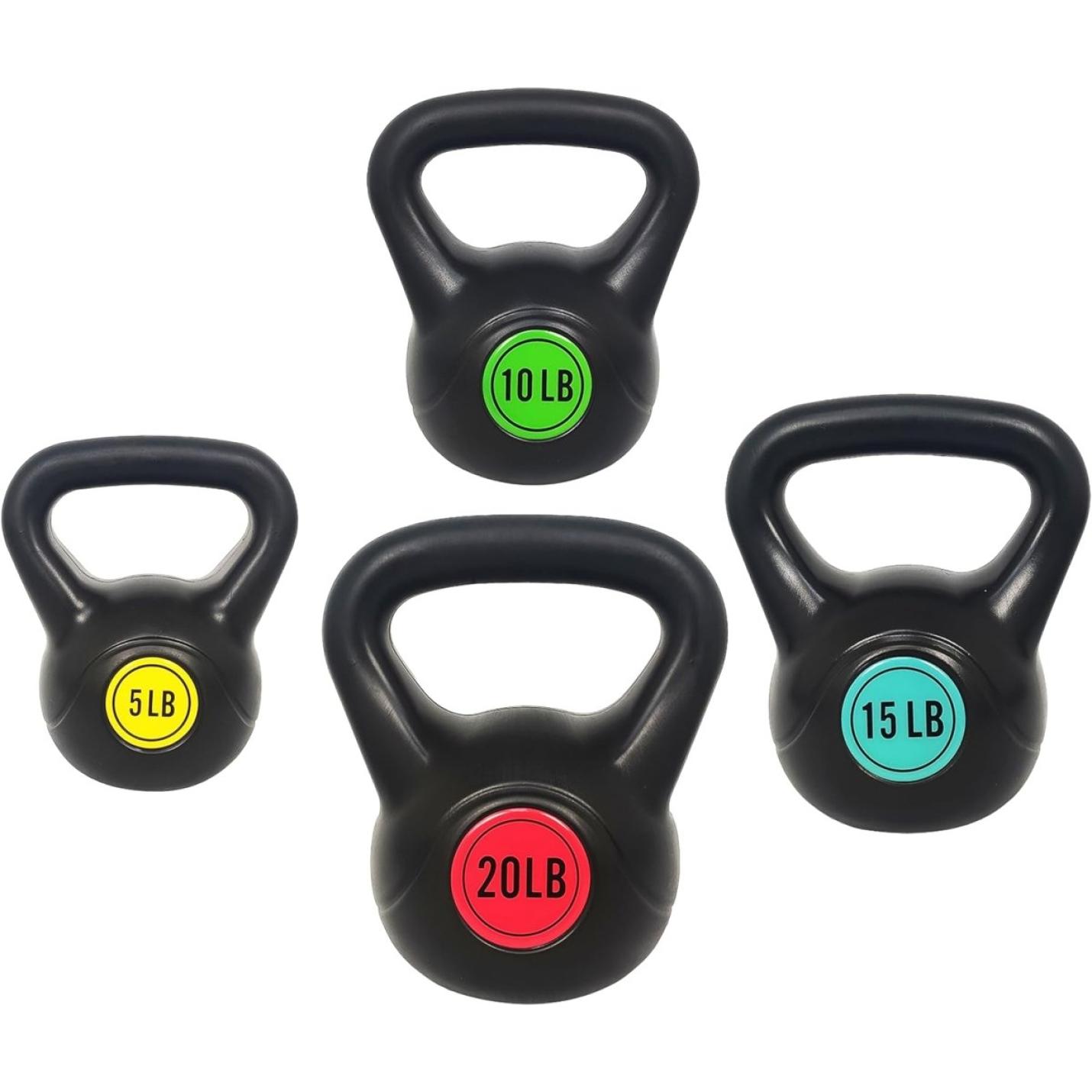 Drie Kettlebell sets van verschillende gewichten (5, 10 en 20 pond), geïsoleerd op een witte achtergrond, elk gemarkeerd met verschillende gewichtsindicatoren om het hele lichaam te trainen.