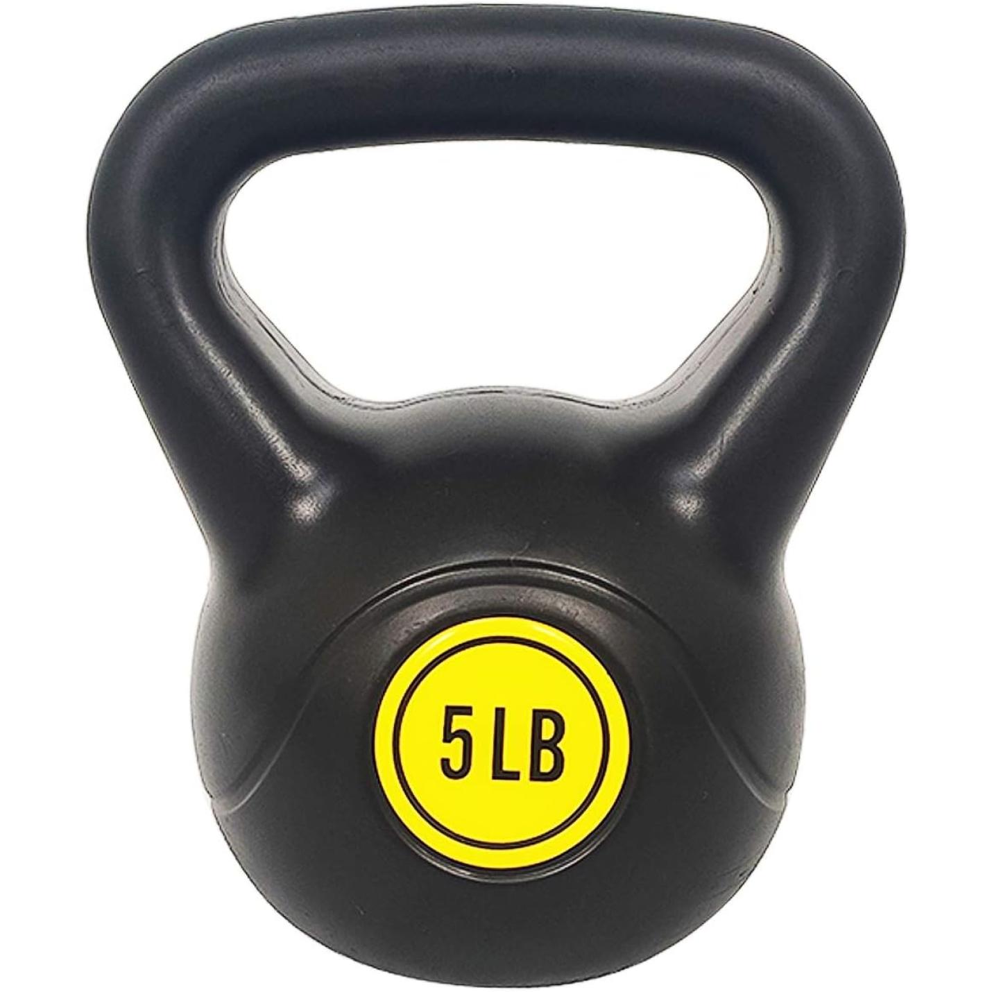 Zwarte Kettlebell-set van 5 pond: alles wat je nodig hebt voor een complete lichaamstraining met een gele en zwarte gewichtsindicator op de voorkant.