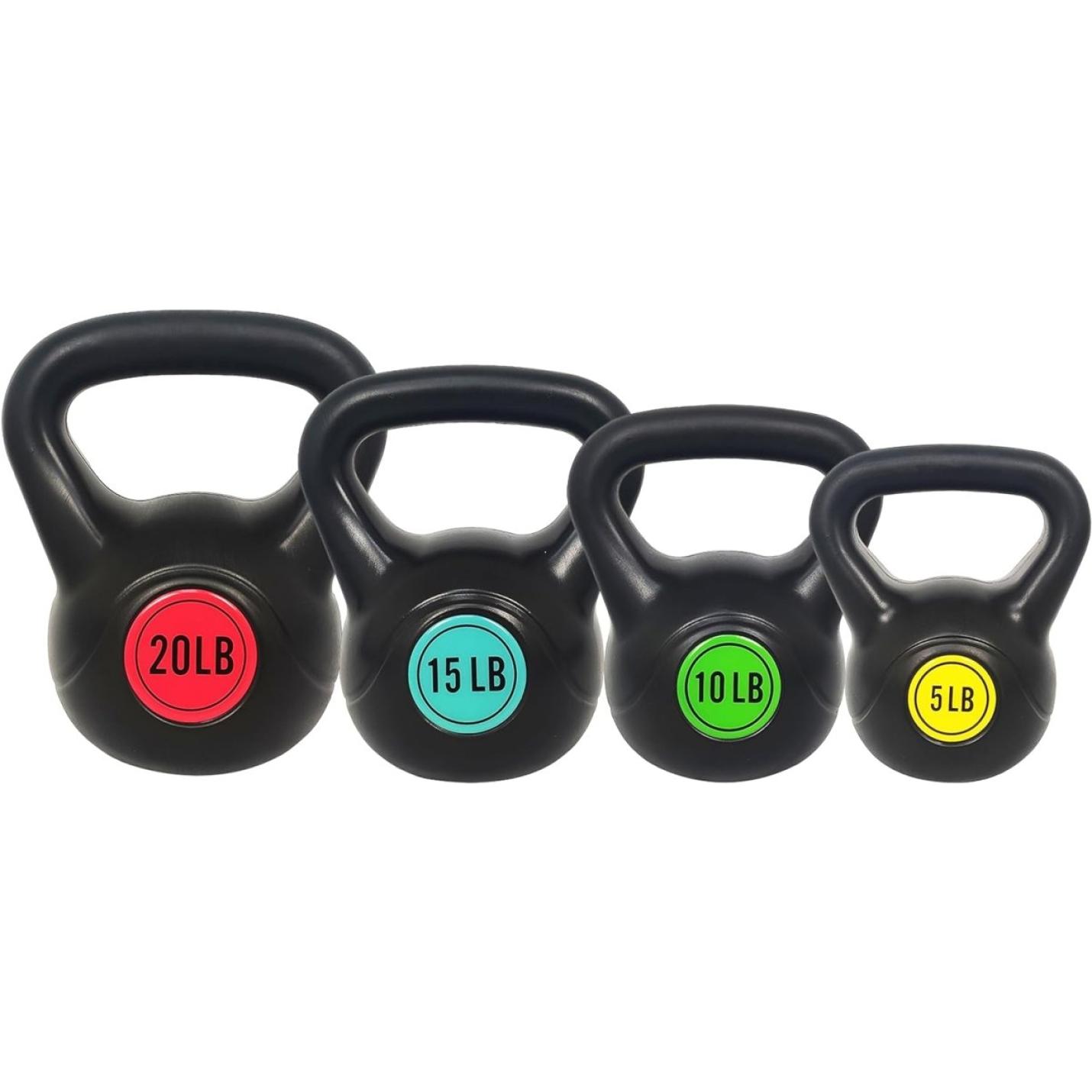 Four Kettlebell set: alles wat je nodig hebt voor een complete lichaamstraining in oplopende maten met gewichten van 5 tot 20 pond, elk met een andere kleur op het gewichtslabel, perfect voor het hele lichaam trainen.