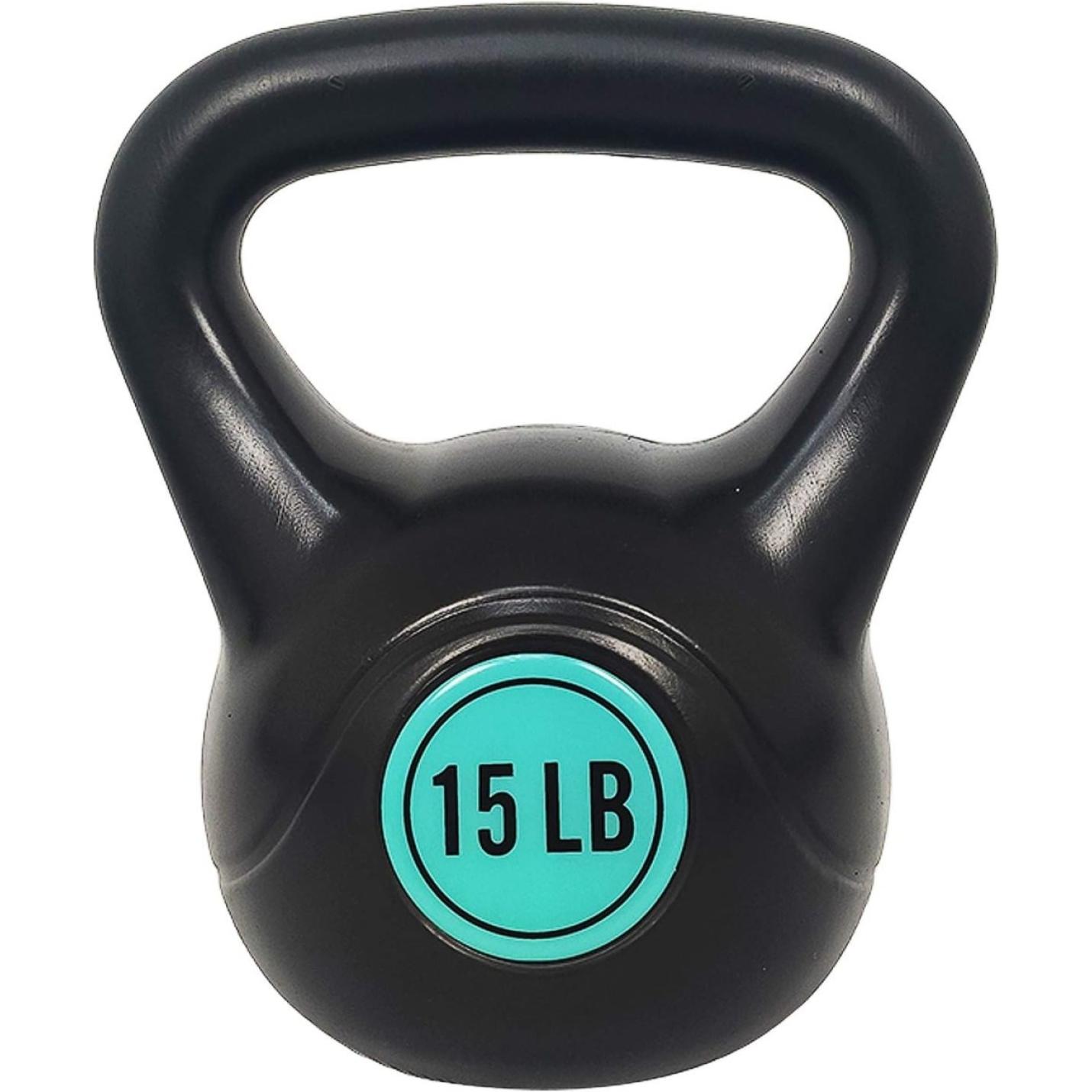 Een zwarte Kettlebell-set van 15 pond: alles wat je nodig hebt voor een complete lichaamstraining met een centrale blauwgroen cirkel die het gewicht aangeeft.