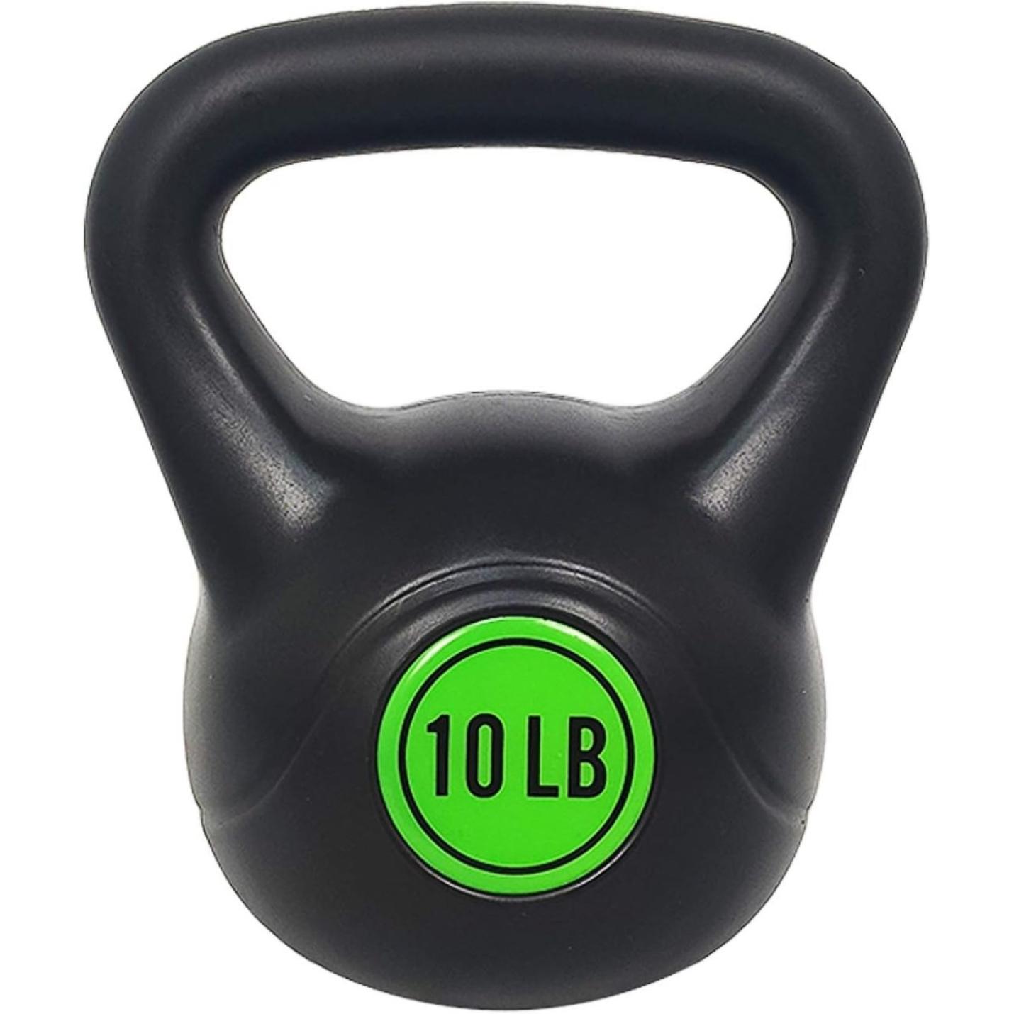 Een zwarte Kettlebell-set van 10 pond: alles wat je nodig hebt voor een complete lichaamstraining met een groene cirkel die het gewicht in het midden weergeeft.