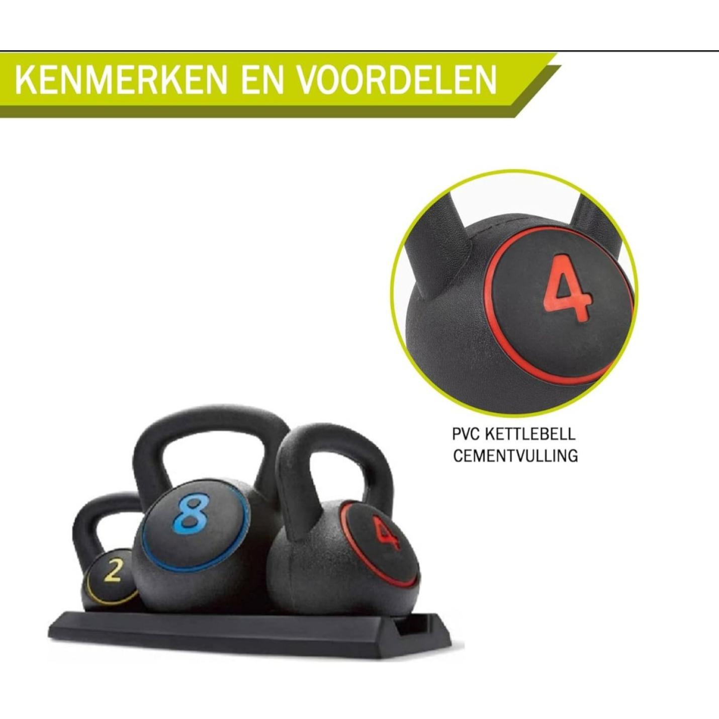 Set kleurrijke kettlebells, ontworpen voor full-body training (lichaamstraining), met numerieke gewichtsmarkeringen, weergegeven op een rek.
Kettlebell set: voor een complete lichaamstraining