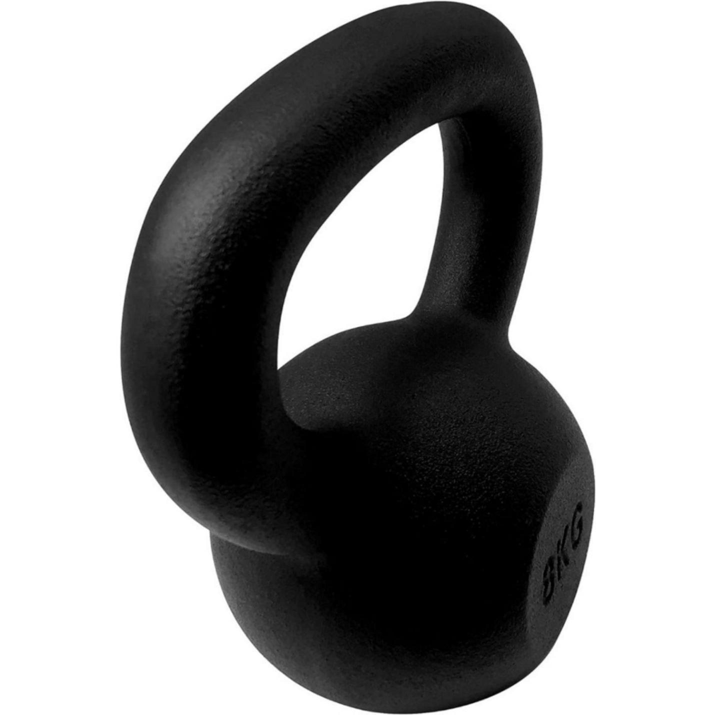 Een zwarte 8 kg "Kettlebells: de perfecte tool voor een complete workout" met gebogen handvat, gemaakt van duurzaam materiaal.