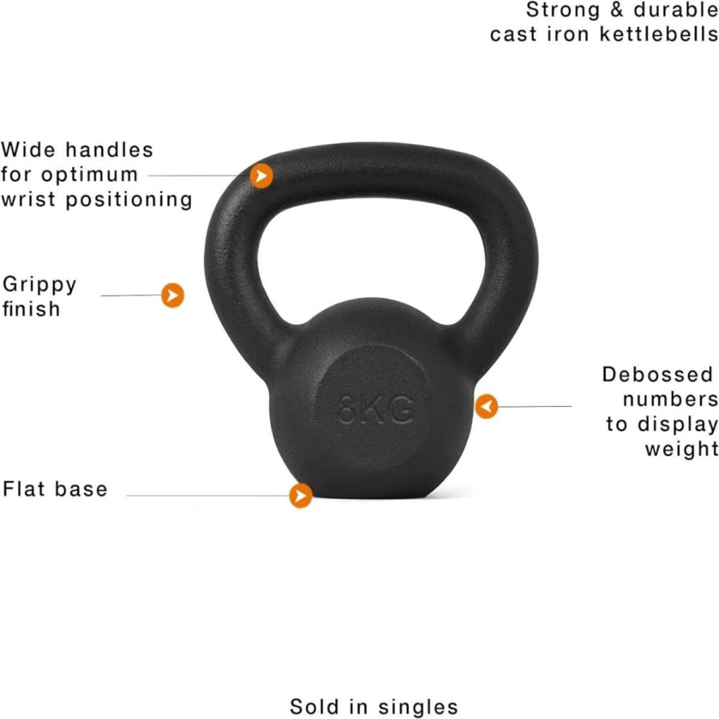 Een 8 kg Kettlebells van duurzaam materiaal, uitgelicht met zijn belangrijkste eigenschappen: brede handgreep, gripvaste afwerking.