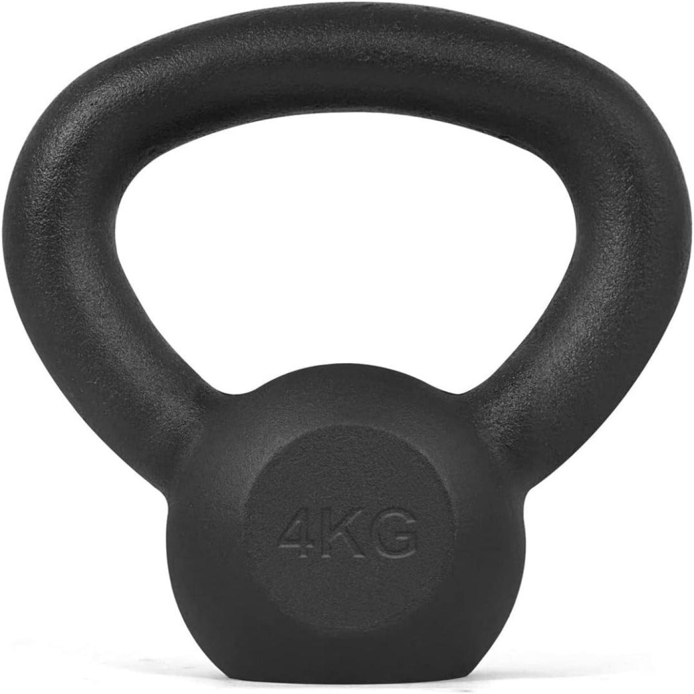 Zwart 4 kg Kettlebells van duurzaam materiaal op een witte achtergrond.