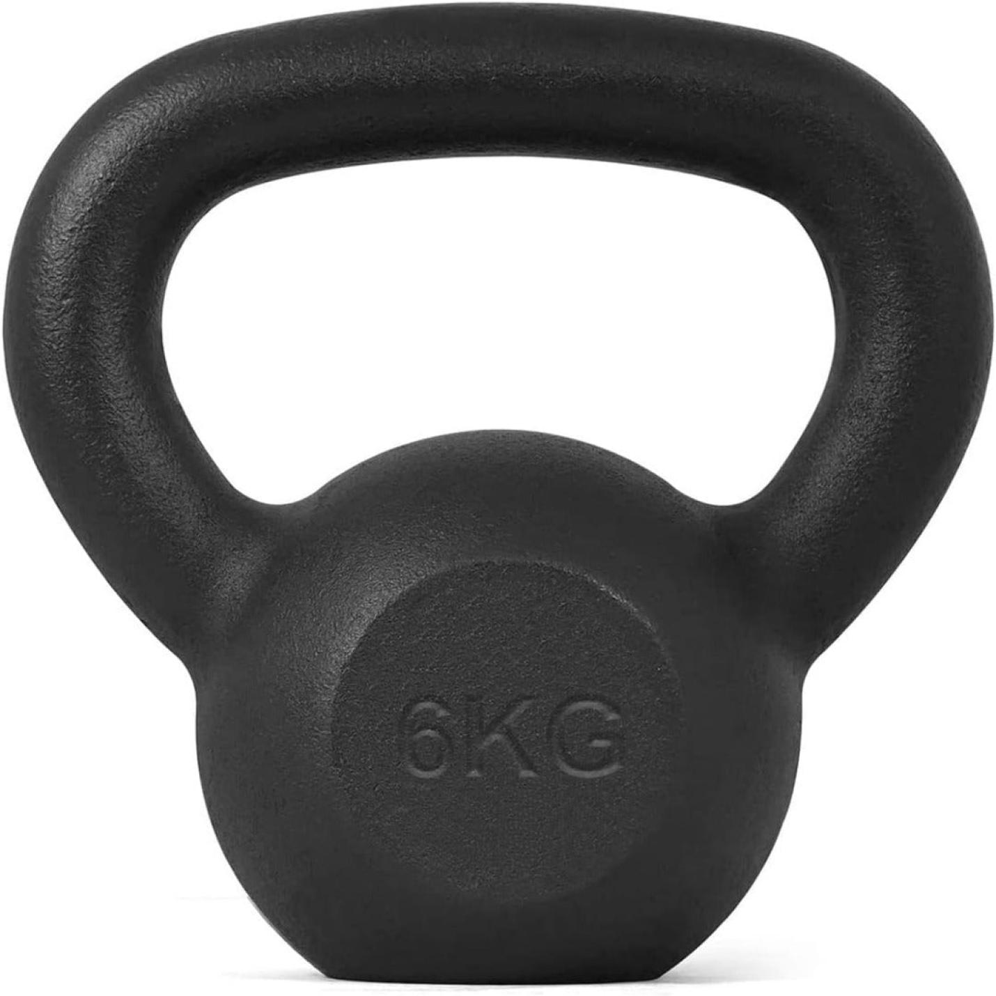 Een zwarte kettlebell van duurzaam materiaal, 6 kg, tegen een witte achtergrond.
Productnaam: Kettlebells: het perfecte hulpmiddel voor een complete workout