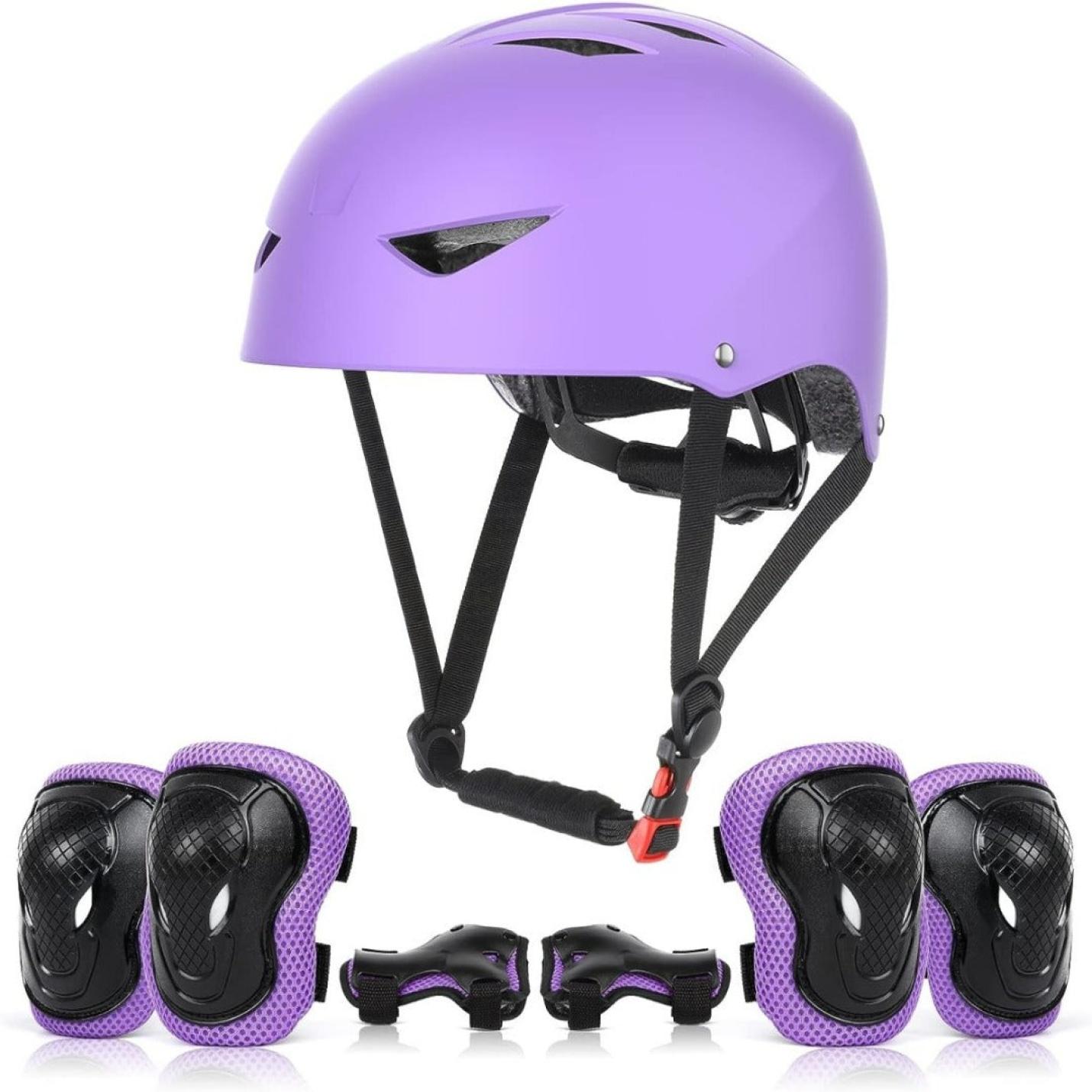 Paarse Skate beschermingsset voor kinderen: veilig en comfortabel met historische helm, knie- en elleboogbeschermers.