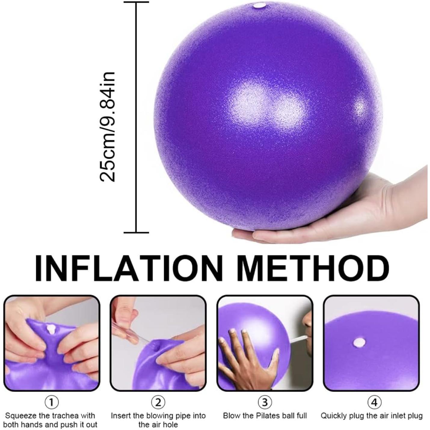 Een diagram waarin de opblaasmethode van een Kleine pilatesbal wordt uitgelegd: de perfecte manier om thuis te trainen, inclusief stappen die handposities en acties weergeven.