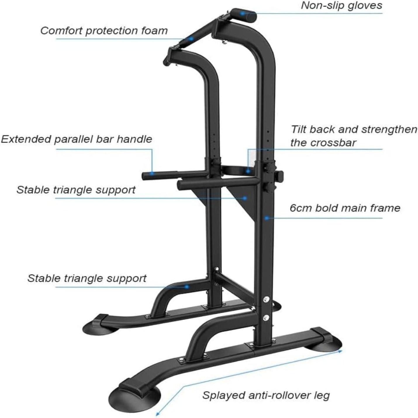 Diagram van een Krachttoren voor thuis met gelabelde onderdelen, waaronder antisliphandschoenen, een 6 cm dik hoofdframe, kantelbaar achterover