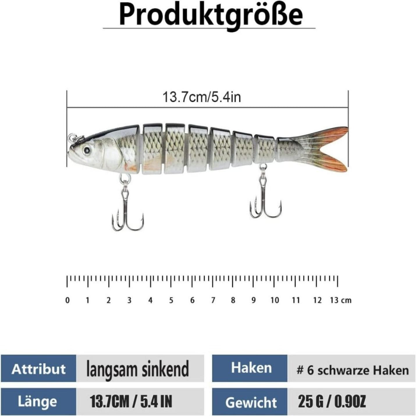 Illustratie van een Vang de grootste roofvissen met ons ruime kunstaas, afbeelding van een vis met drielingshaken en afmetingen, gelabeld met de kenmerken van grootte en gewicht in zowel metrische als imperiale eenheden.