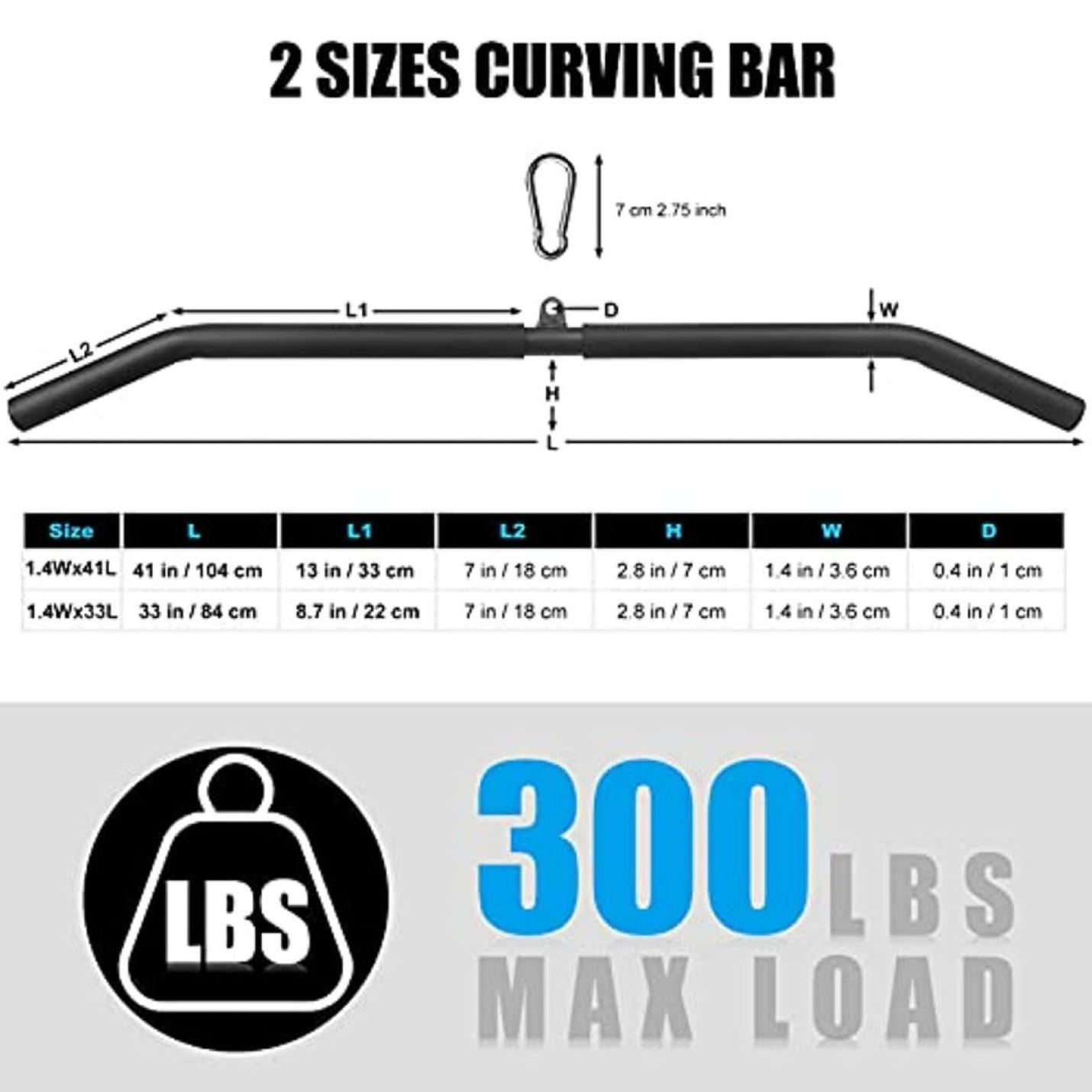 Diagram met twee maten van een gebogen Ontgrendel je kracht met de handmatige LAT-trekstang met afmetingen en een label dat een maximale belasting van 300 lbs aangeeft.