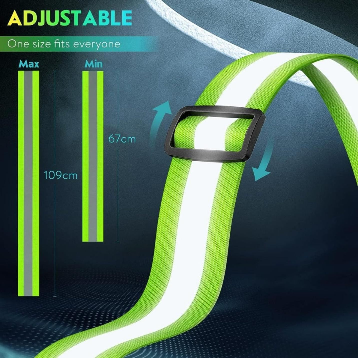 Illustratie van een verstelbaar LED-reflecterend hardloopvest met een zwarte gesp, met minimale en maximale lengtematen voor optimale zichtbaarheid.