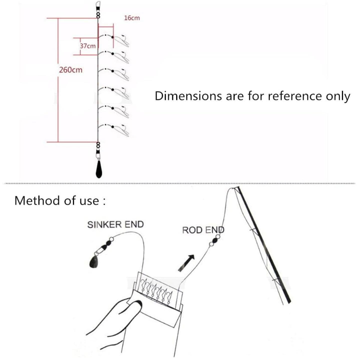 Beschrijving: Diagram dat de juiste afmetingen en methode illustreert voor het gebruik van Lichtgevende visserij rigs: vang meer vissen in het donker met meerdere haken, spec