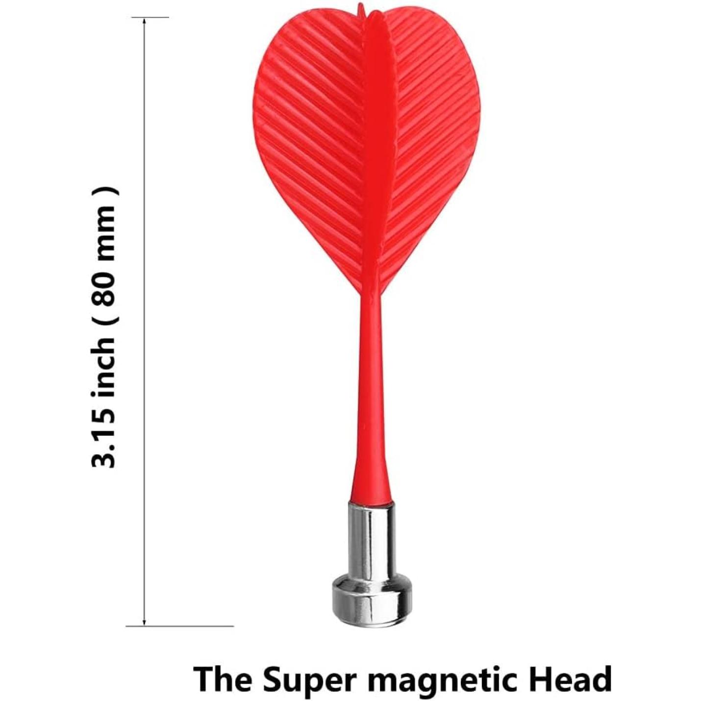 Rood hartvormig magnetisch dartbord met dubbelzijdig magnetisch dartbord, veilig voor kinderen en afmetingen weergegeven.