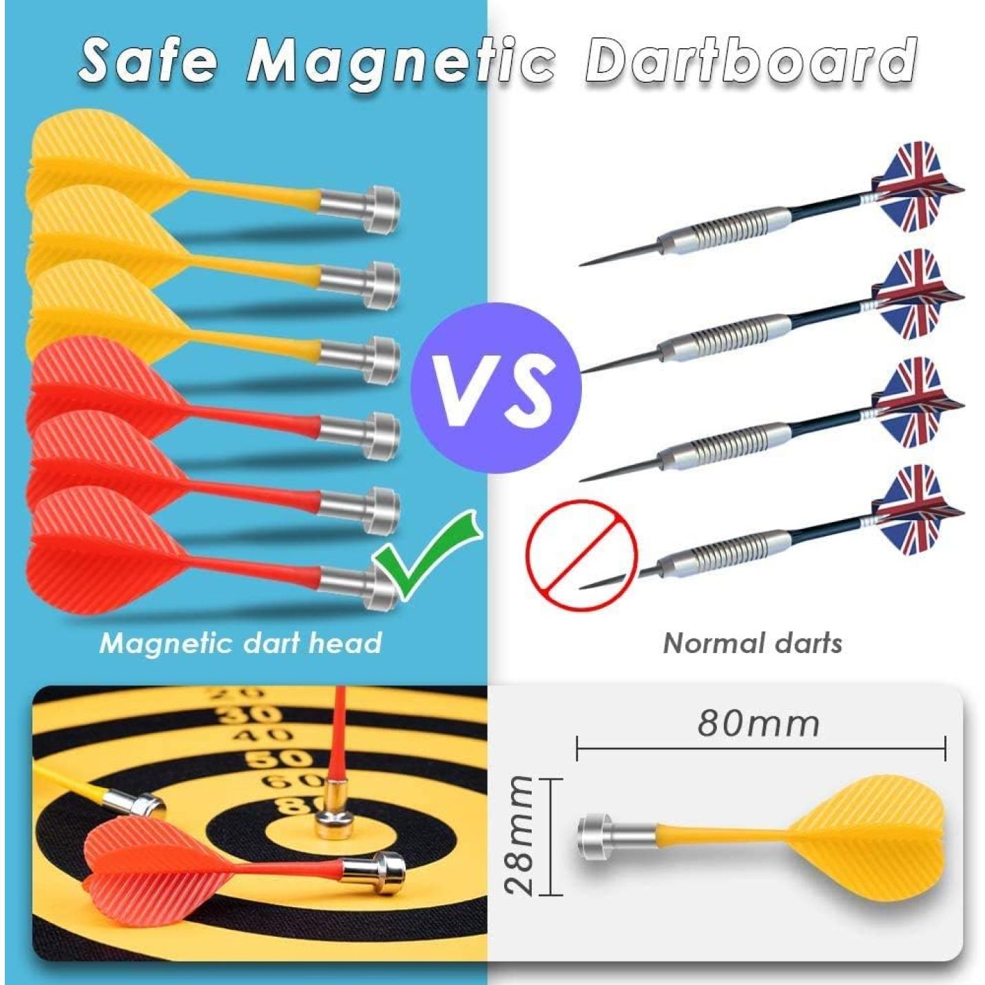 Een vergelijking van het Dubbelzijdige magnetische dartbord versus normale scherpe darts, gekenmerkt door de veiligheidskenmerken en afmetingen.